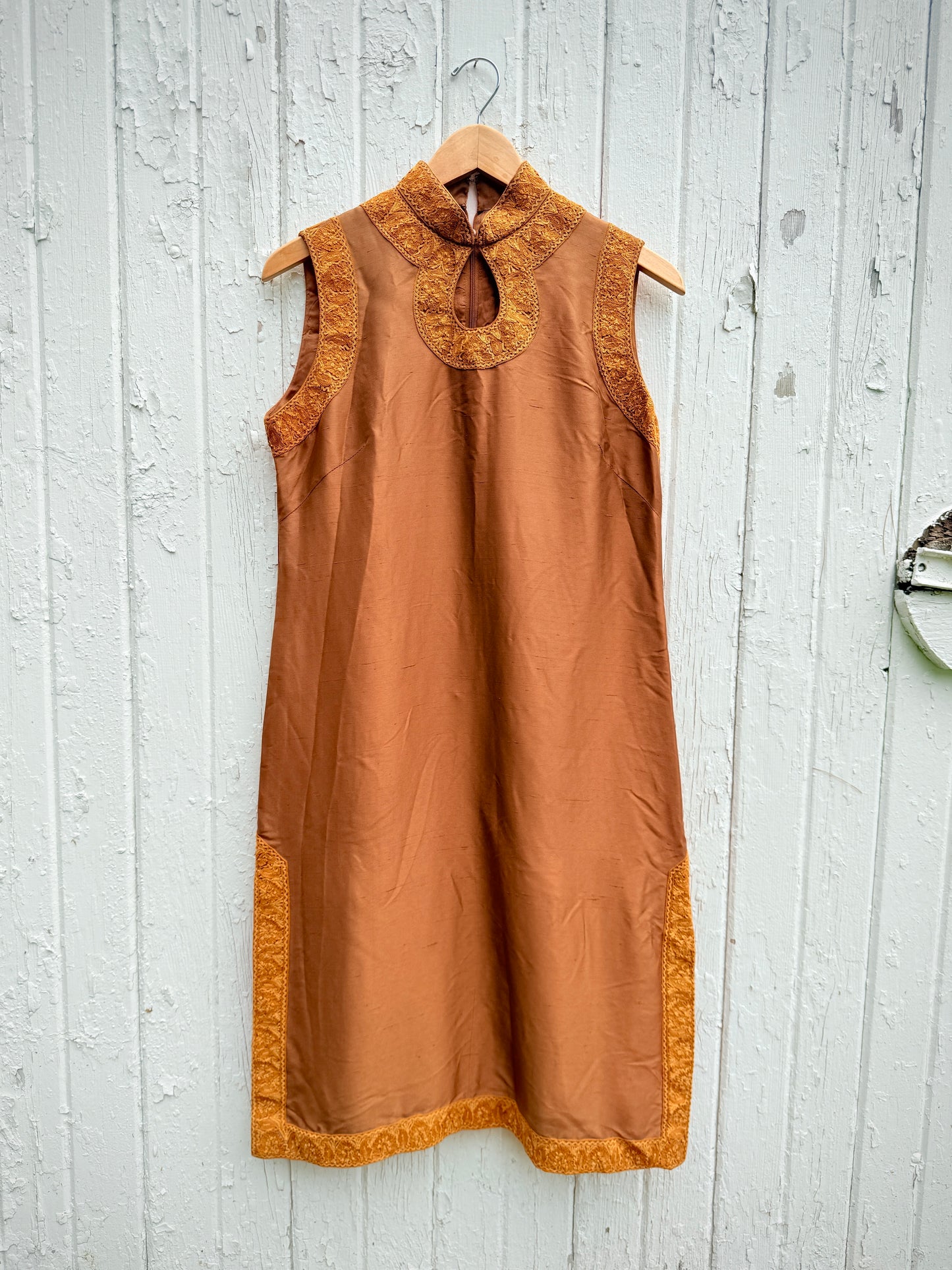 Vintage Brown Silk Sleeveless Tunic w/ Gold Embroidered Trim | Medium