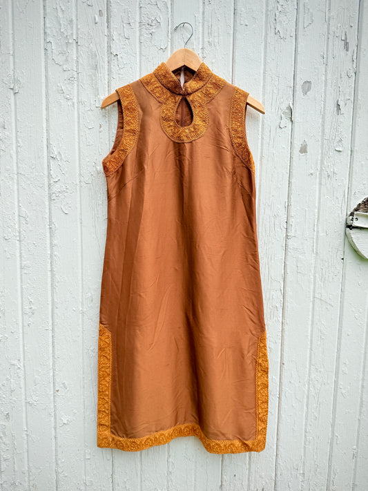 Vintage Brown Silk Sleeveless Tunic w/ Gold Embroidered Trim | Medium