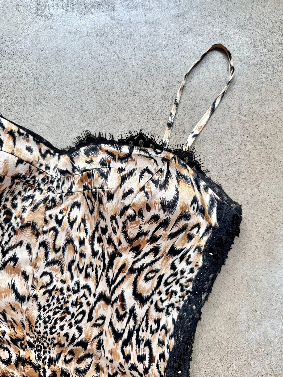 Vintage 1990s Dolce Jovani Leopard Print Satin Beaded Lace Trim Cocktail Dress | Small