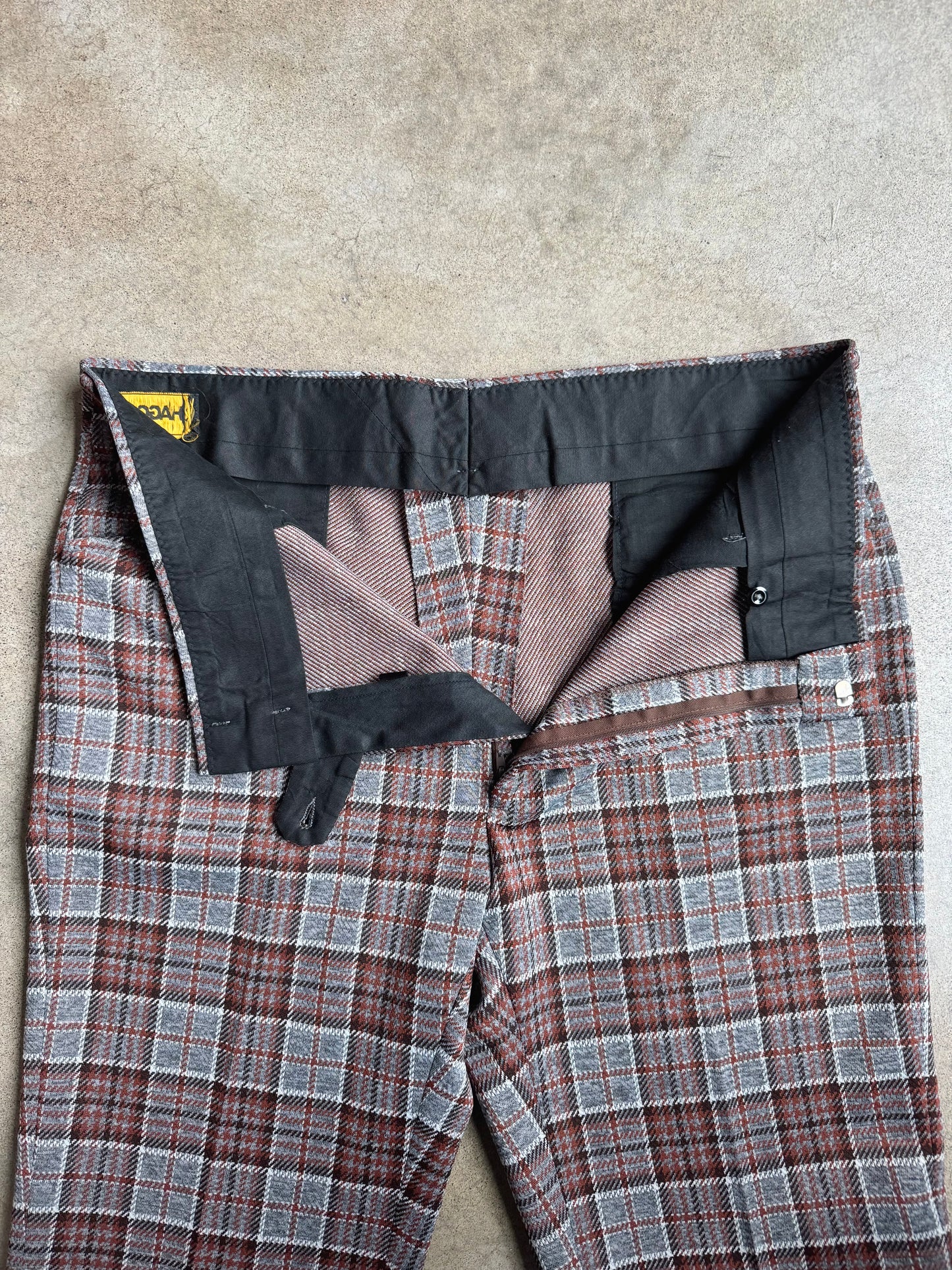 Vintage 1970s Haggar Grey & Brown Plaid Flared Trousers | Waist 38”