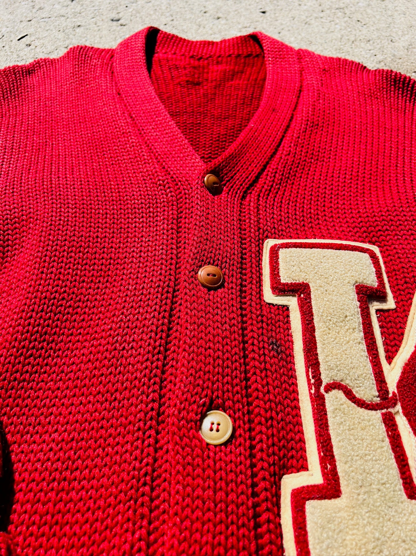 Vintage 1940s Red Letterman Knit Cardigan Sweater | S/M