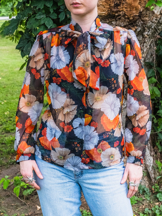 Vintage 1970s Sheer Floral Print Pussy-Bow Blouse | M/L