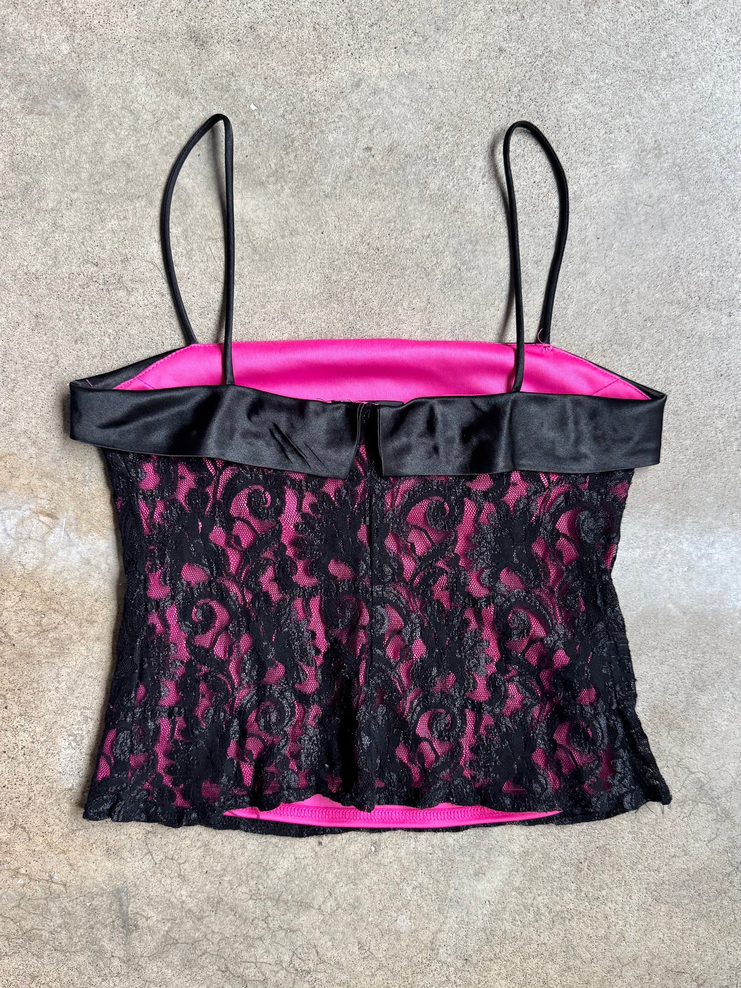 Vintage 1990s Onyx Nite Pink & Black Lace Tank Top | Medium