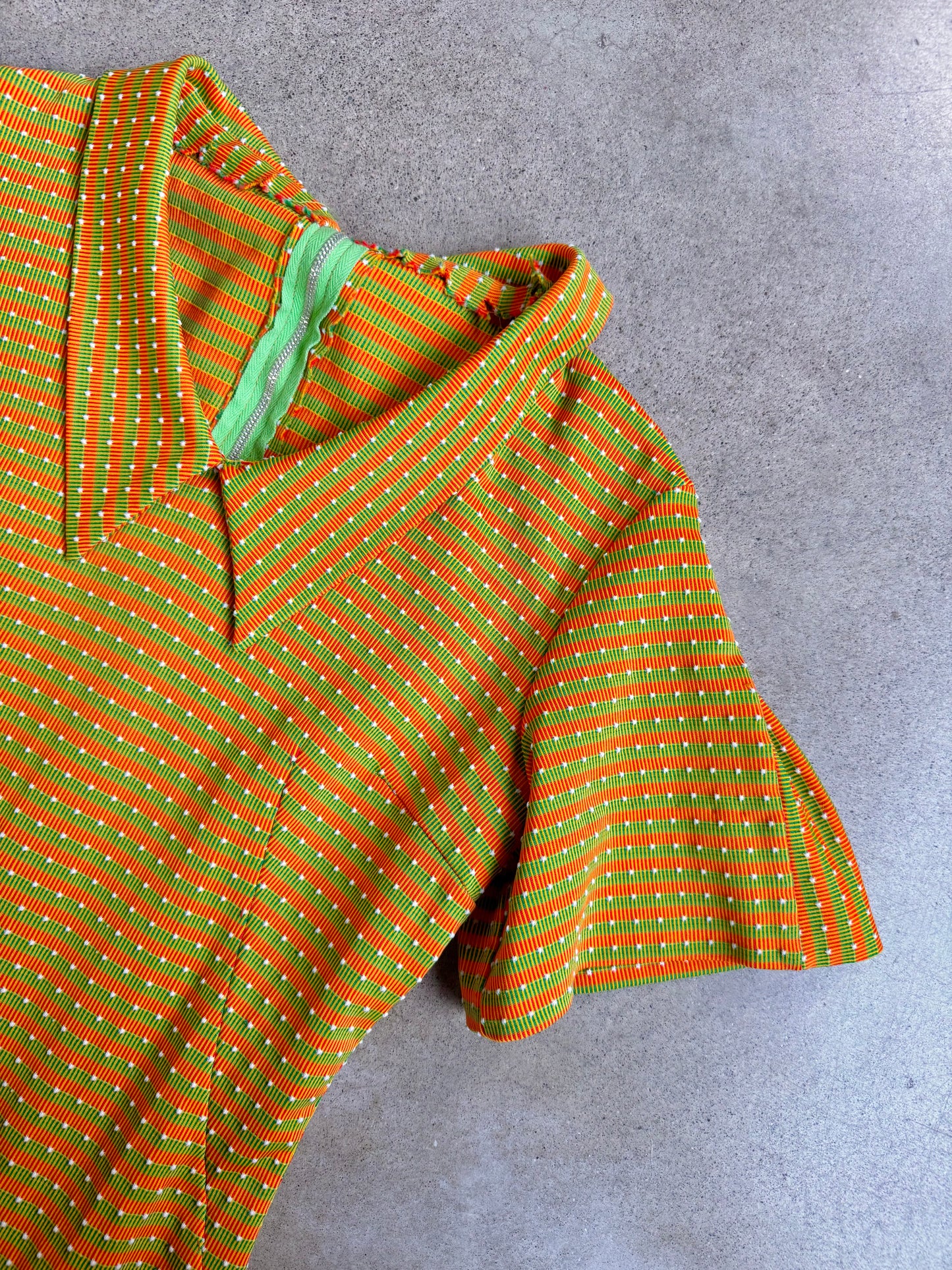 Vintage 1960s Handmade Orange & Green Striped Collared Midi Dress | Small