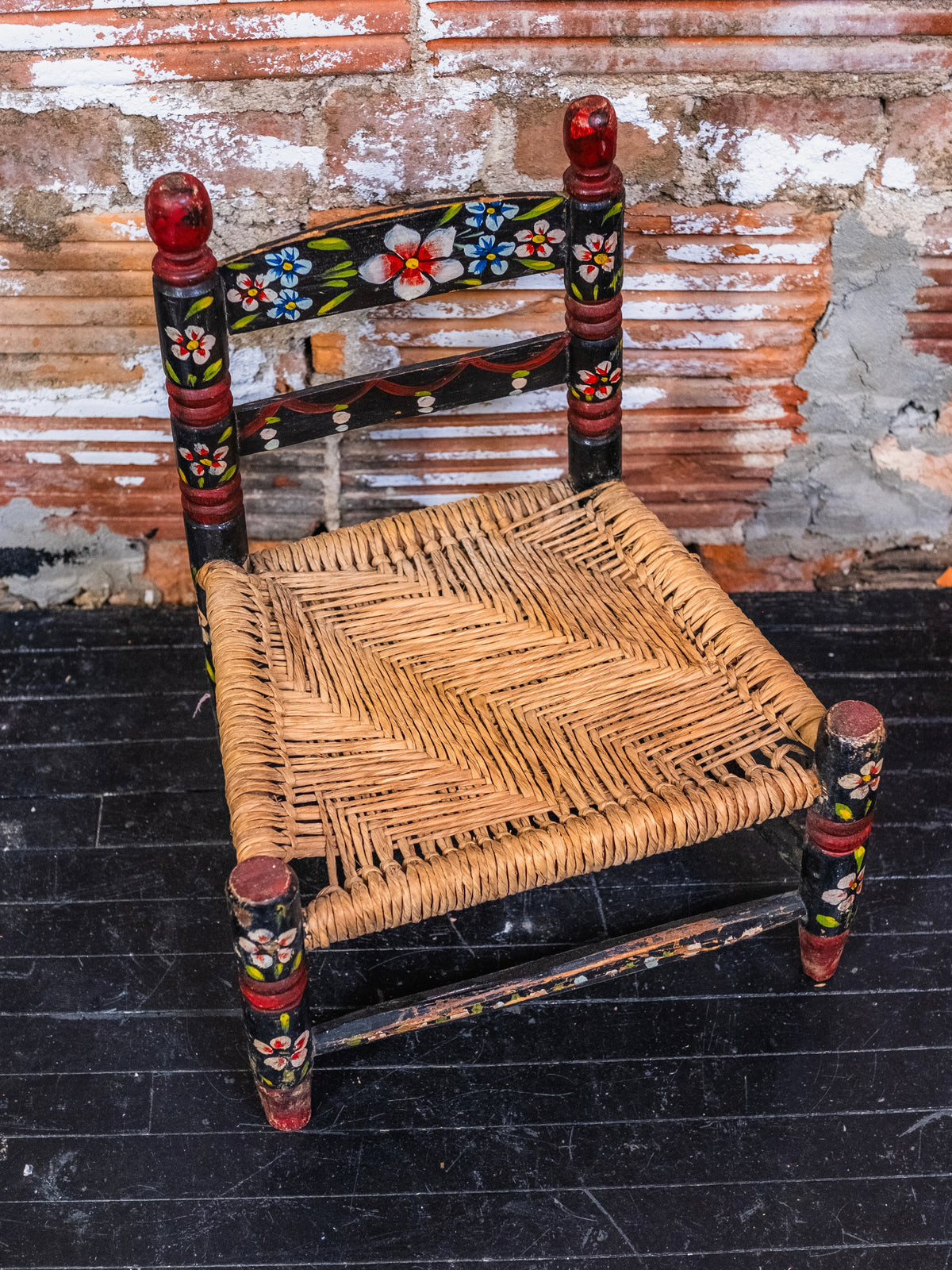 Vintage Mexican Folk Art Hand-Painted Floral Children’s Chair