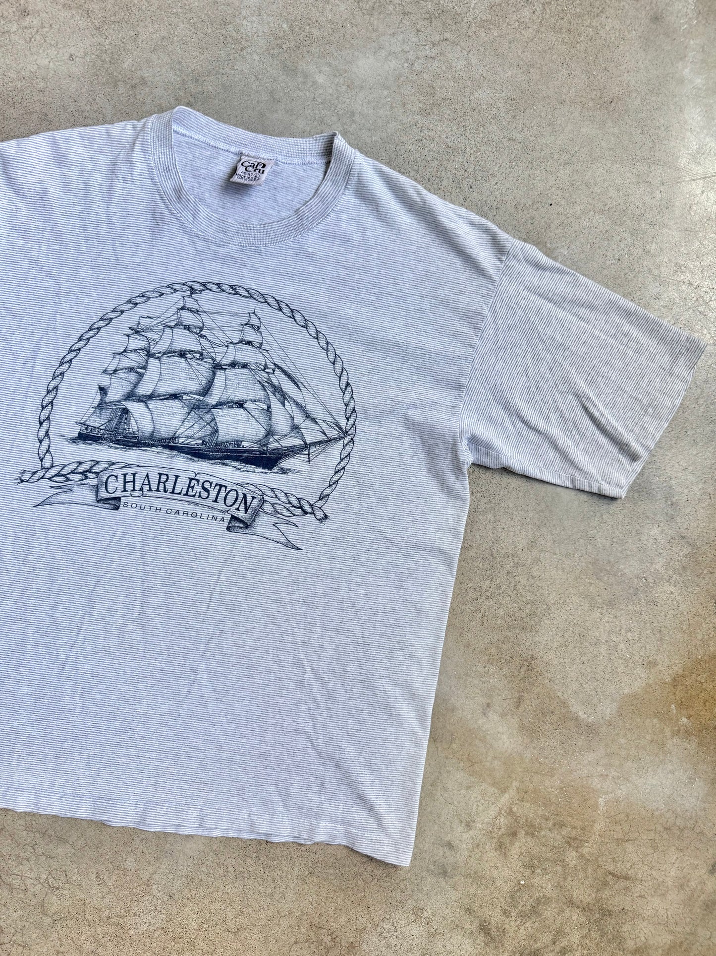 Vintage 1990 Cal Cru Striped Charleston Sailing Tee | Large