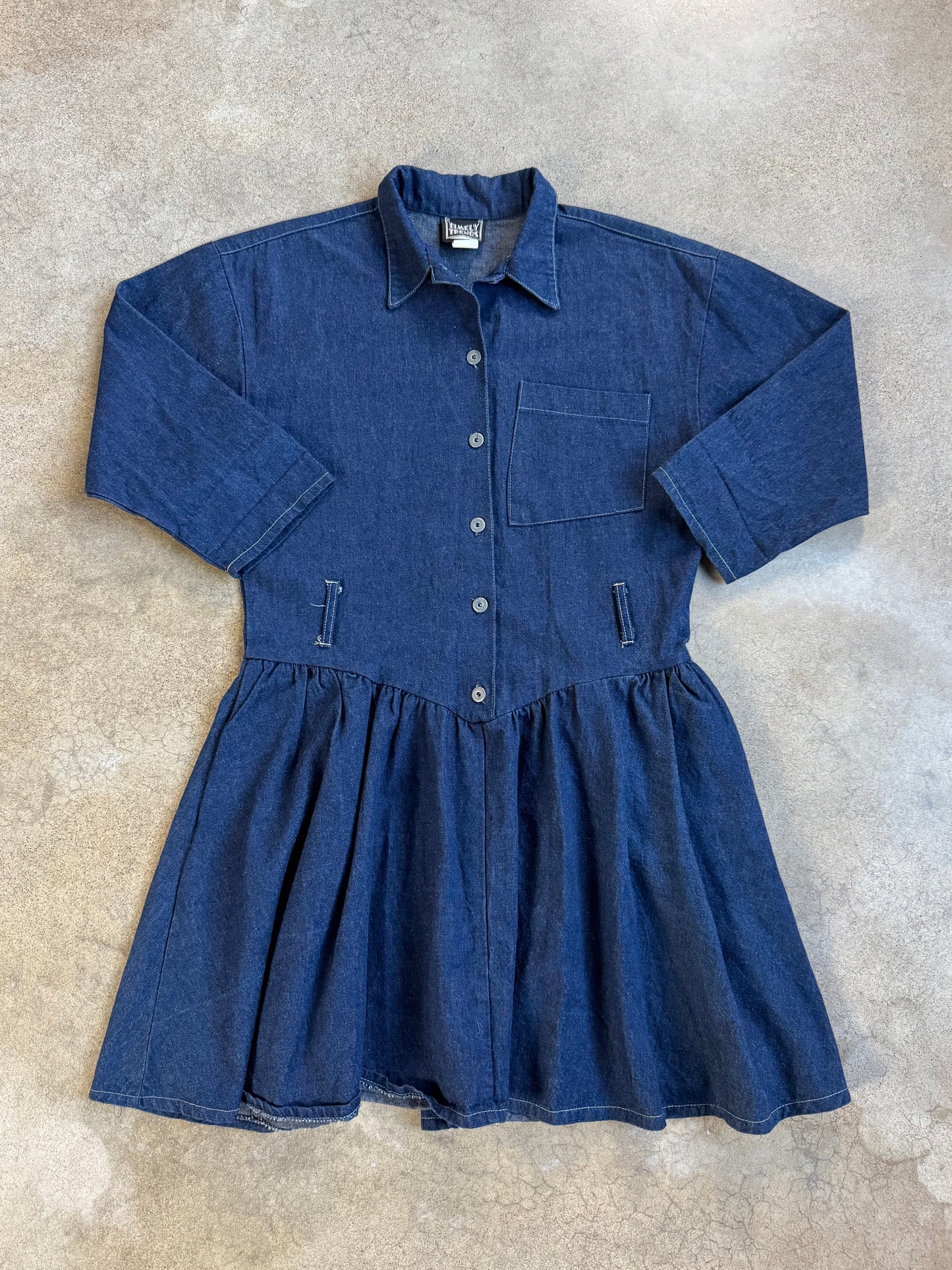 Vintage 1980s Timely Trends Button-Front Denim Drop-Waist Shirt Dress | Medium