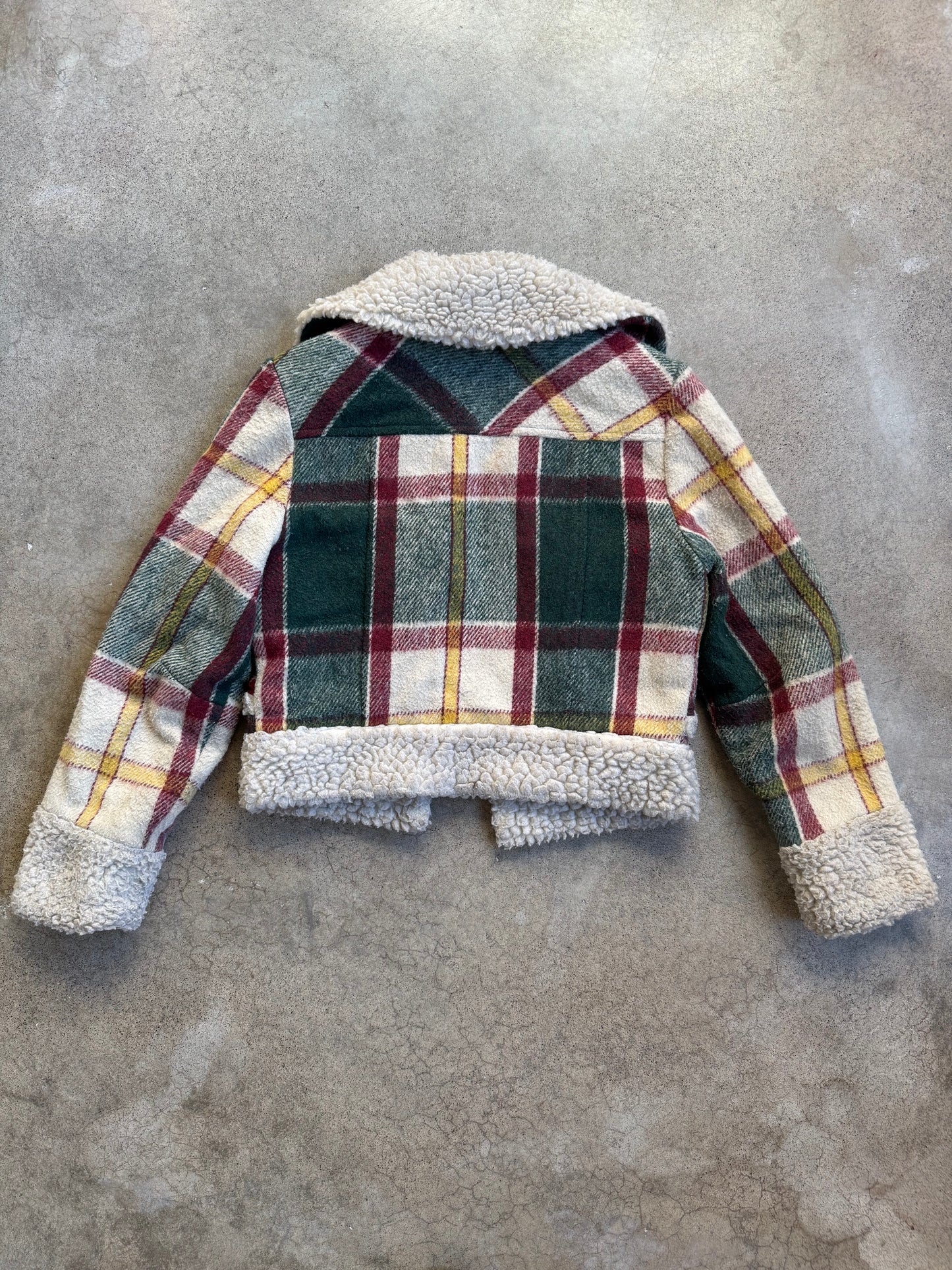 Vintage 1970s Green & Red Plaid Sherpa Lined Cropped Jacket | XS