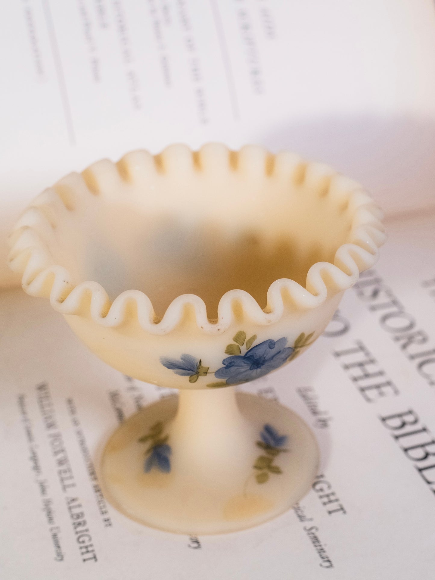 Vintage 1960s Fenton Hand-Painted Custard Satin Compote Pedestal Dish | Signed