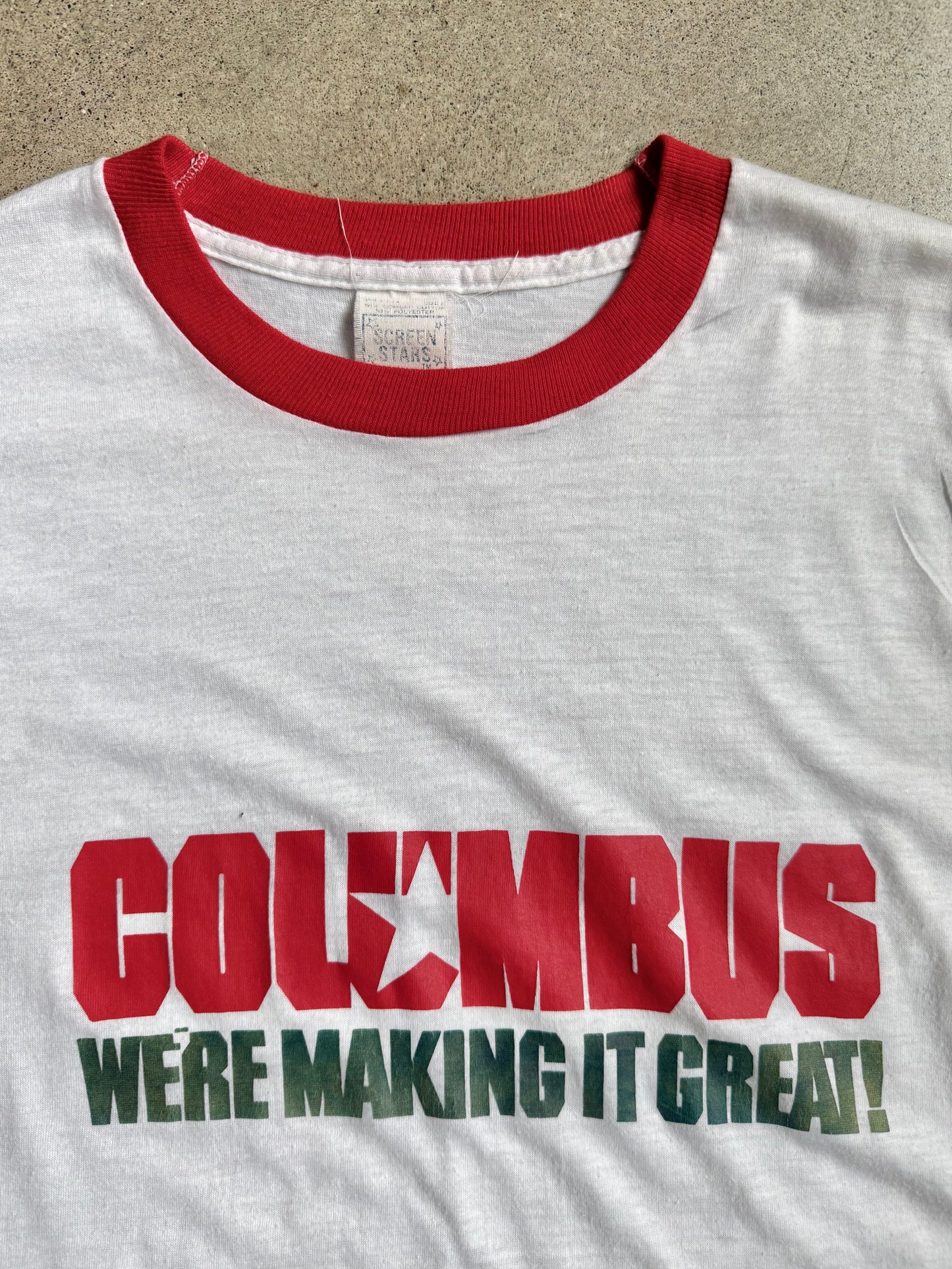 Vintage 1980s “Columbus We’re Making It Great!” Ringer Tee | Small