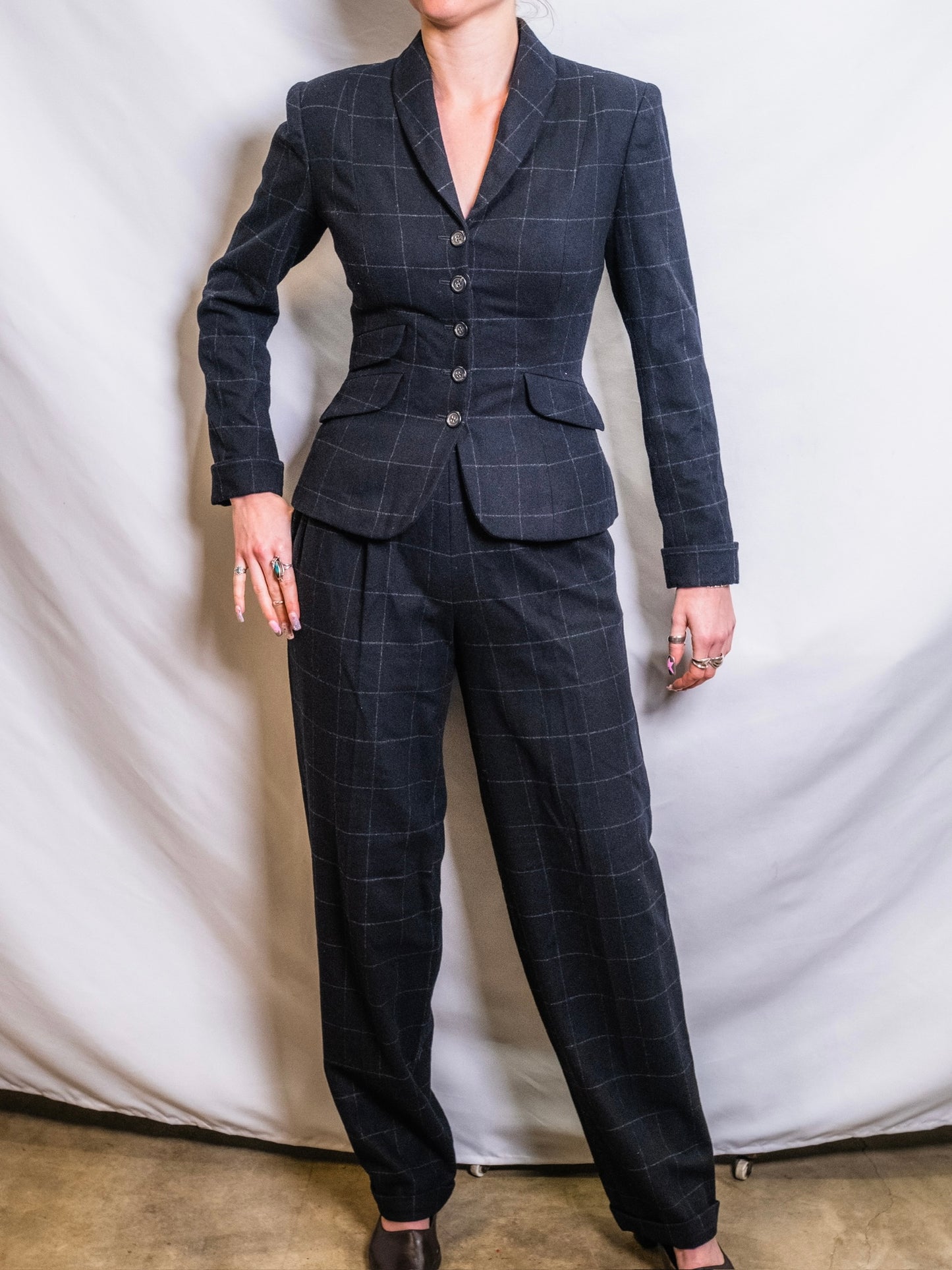 Vintage 1990s Ralph Lauren Black Check Pattern Wool & Cashmere Two-Piece Suit | Women’s 6