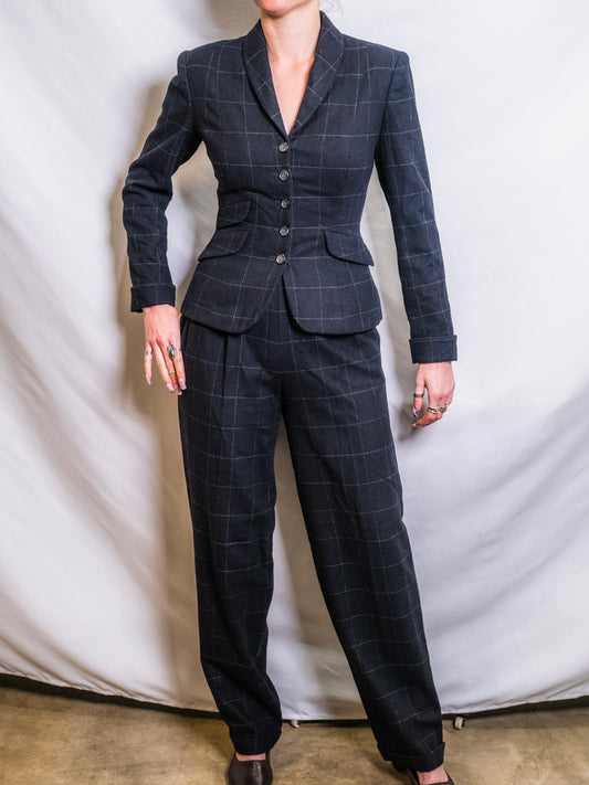 Vintage 1990s Ralph Lauren Black Check Pattern Wool & Cashmere Two-Piece Suit | Women’s 6