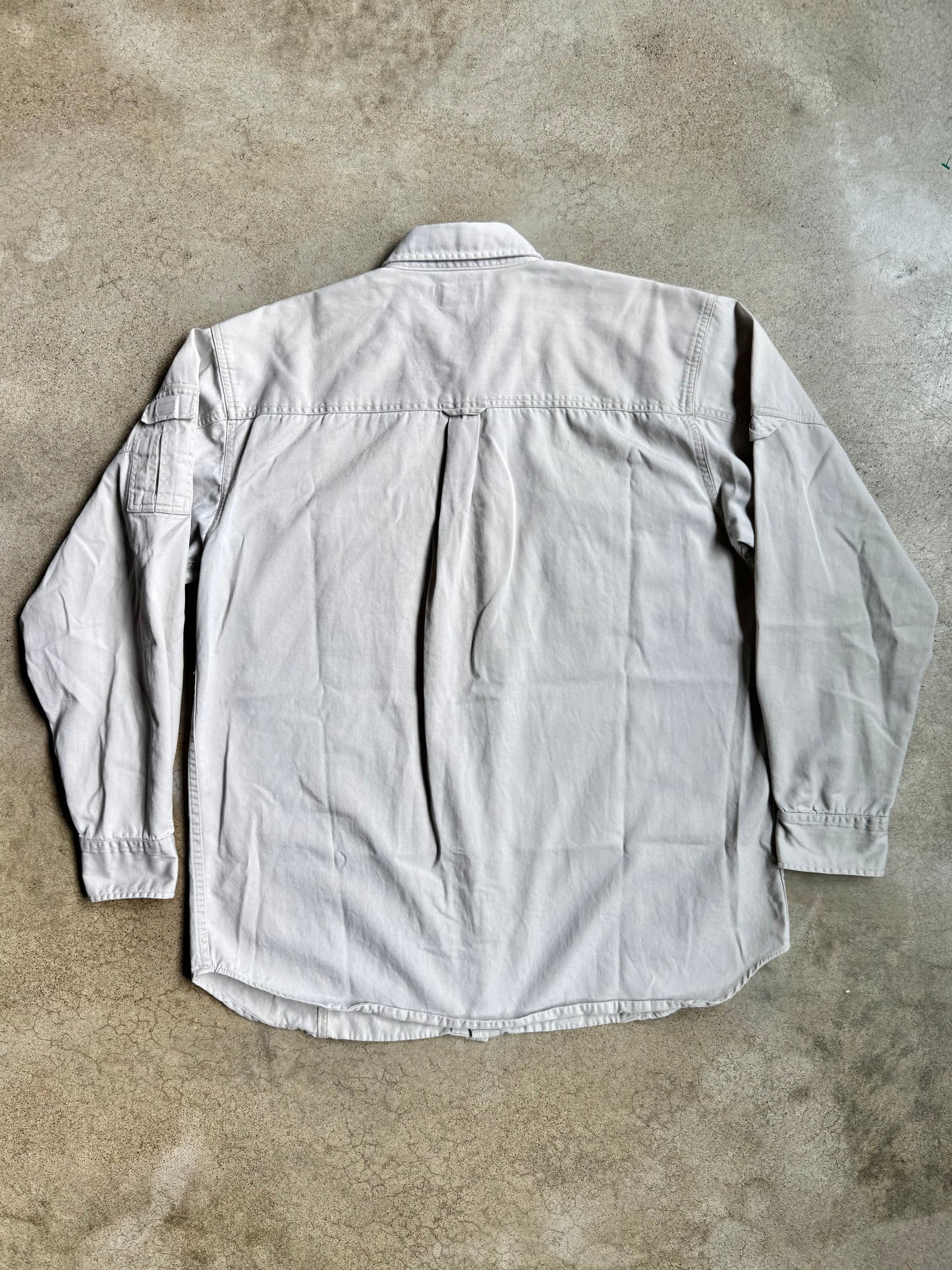 Vintage 1990s "Weed-Wader" Bassmaster Fishing Patch Khaki Utility Shirt | Large