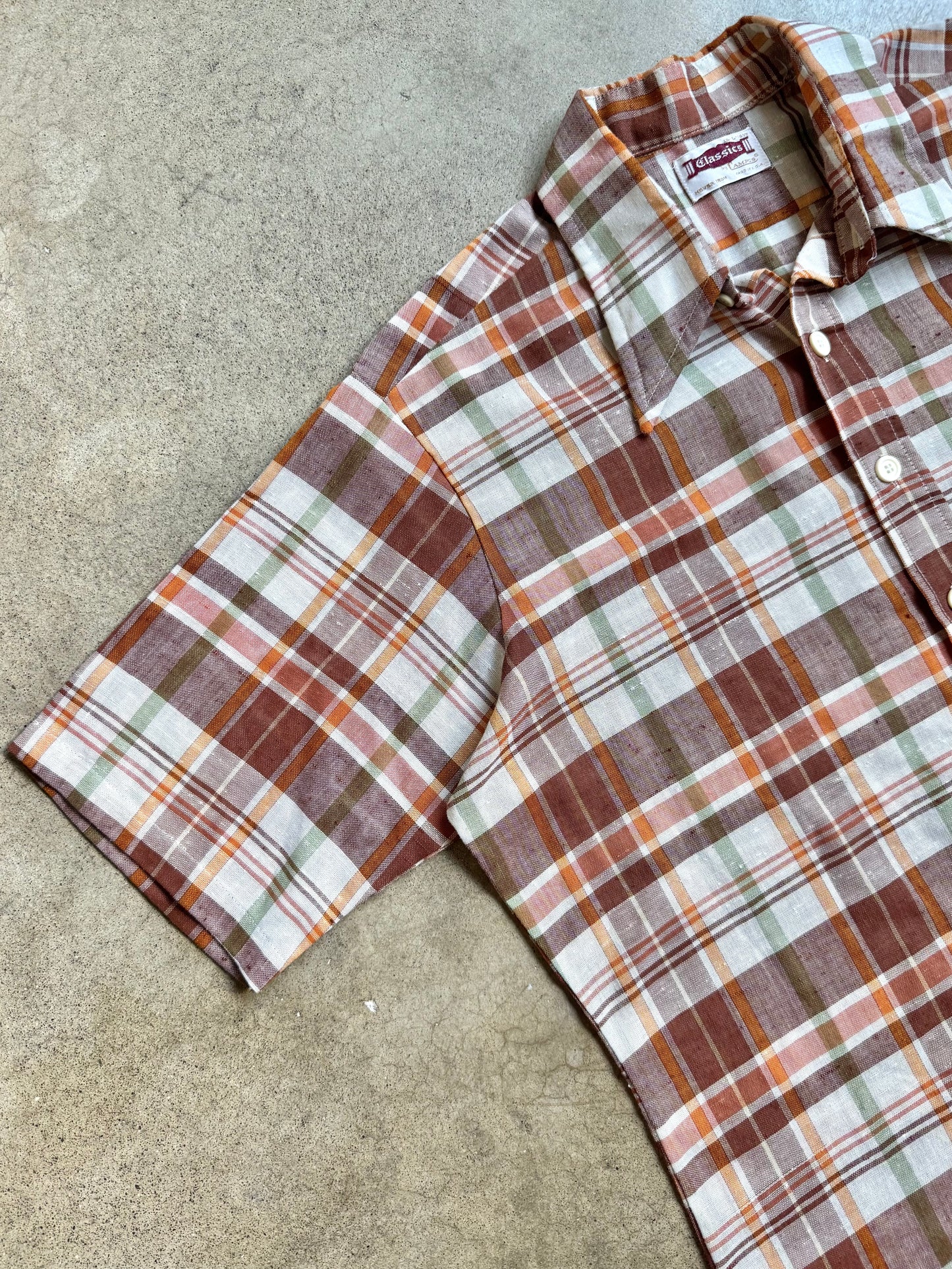 Vintage 1960s Classics By Campus Brown Plaid Short Sleeve Shirt | Large
