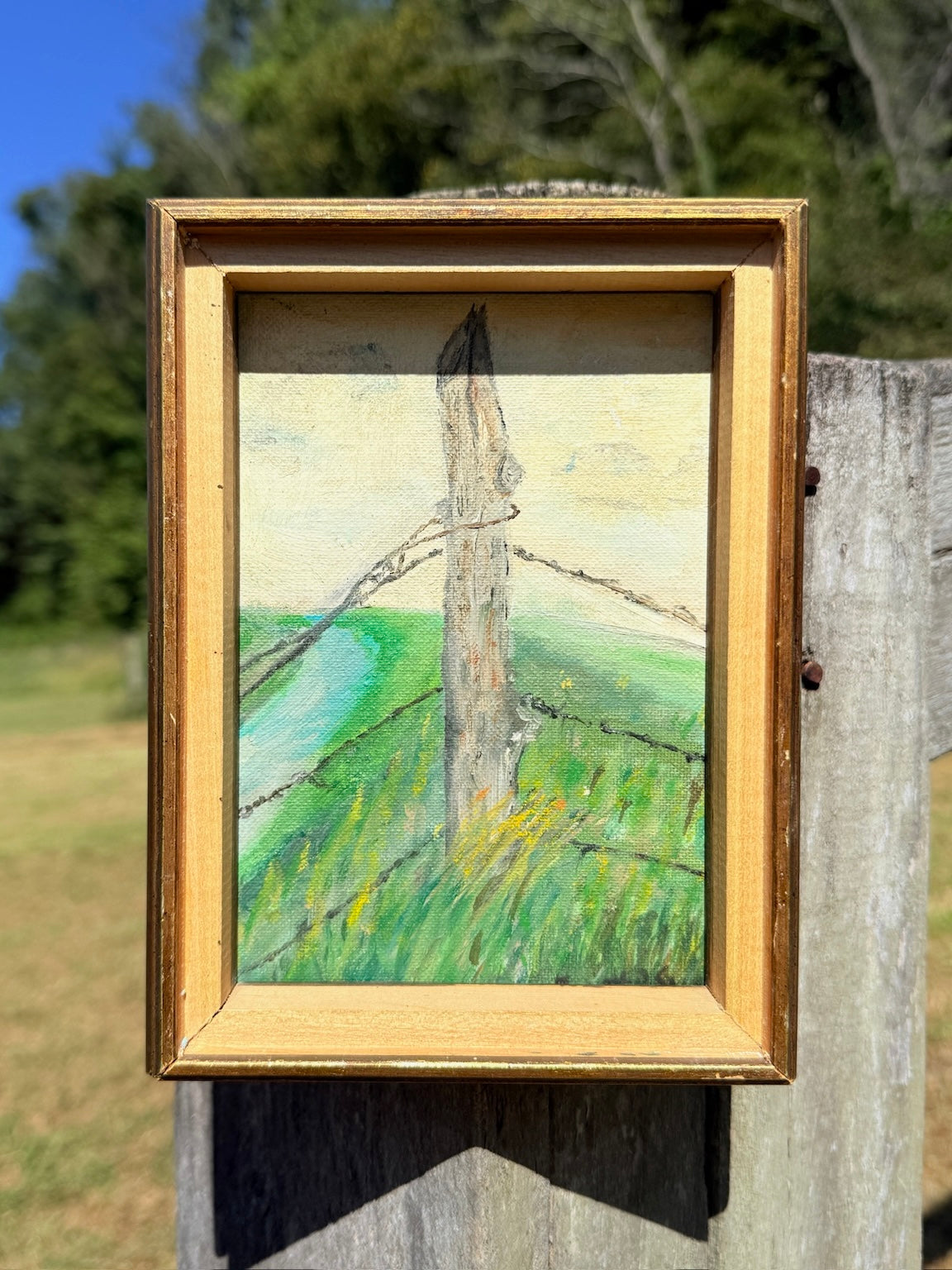 Vintage 1970s Signed & Framed Heart River North Dakota "Fence Pole" Landscape Oil on Canvas Painting