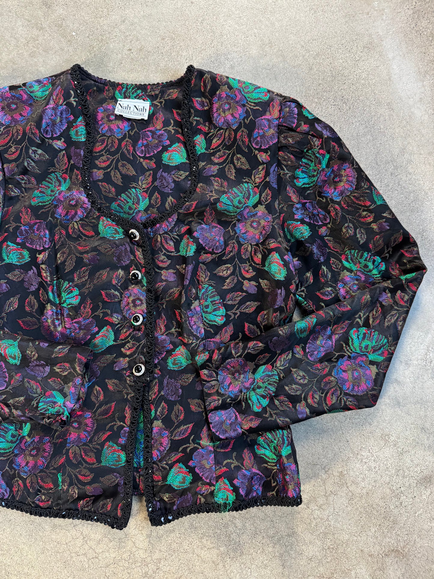 Vintage 1980s Nah Nah Collections Floral Brocade Puff Sleeve Blouse | Medium