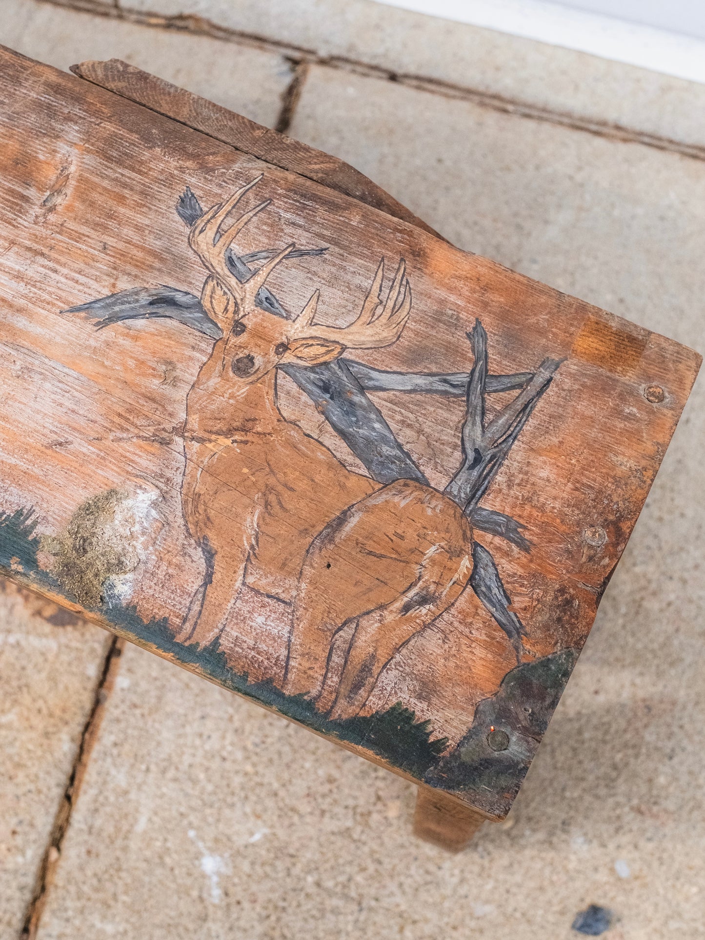Vintage 1980s Folk Art “Deer in Woods” Painted Wood Bench