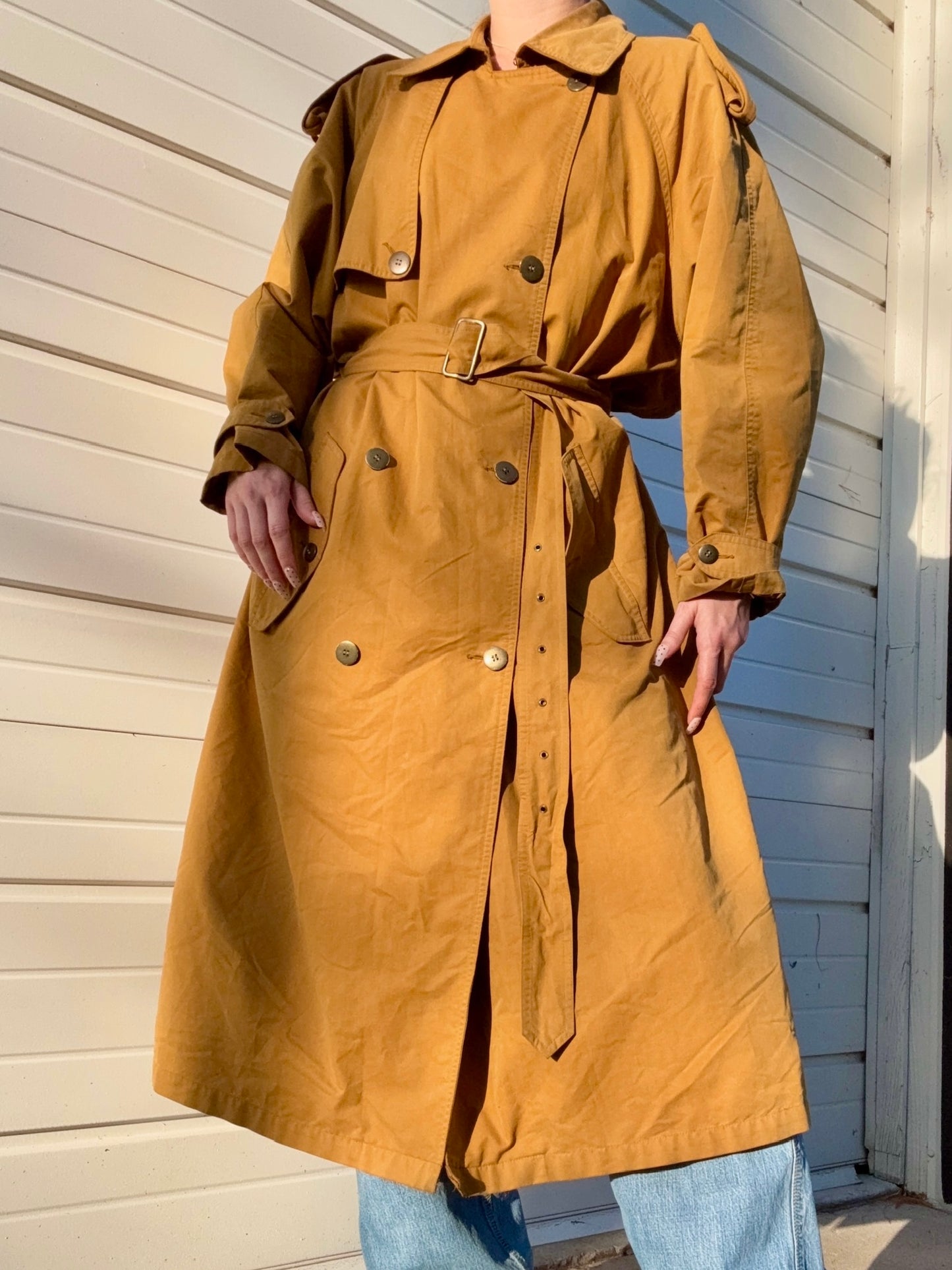 Vintage 1980s Country Road Mustard Belted Trench Coat | Small