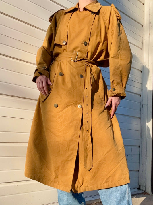 Vintage 1980s Country Road Mustard Belted Trench Coat | Small