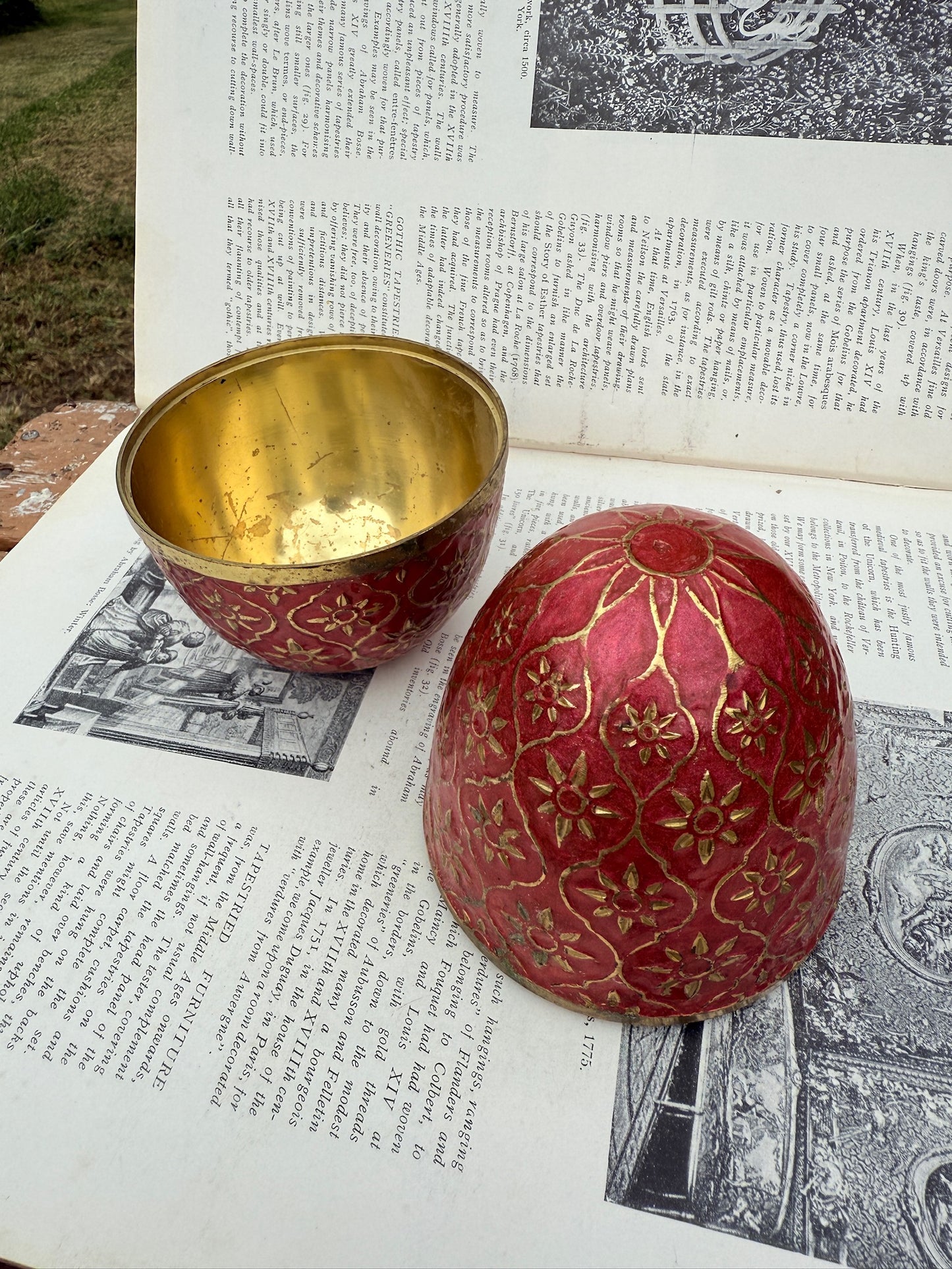 Vintage 1950s/60s Cloisonné Solid Brass Red Etched Egg Canister & Holder