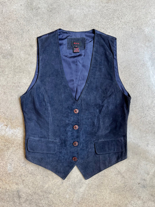 Vintage 1990s Navy Blue Suede Leather Vest | Medium