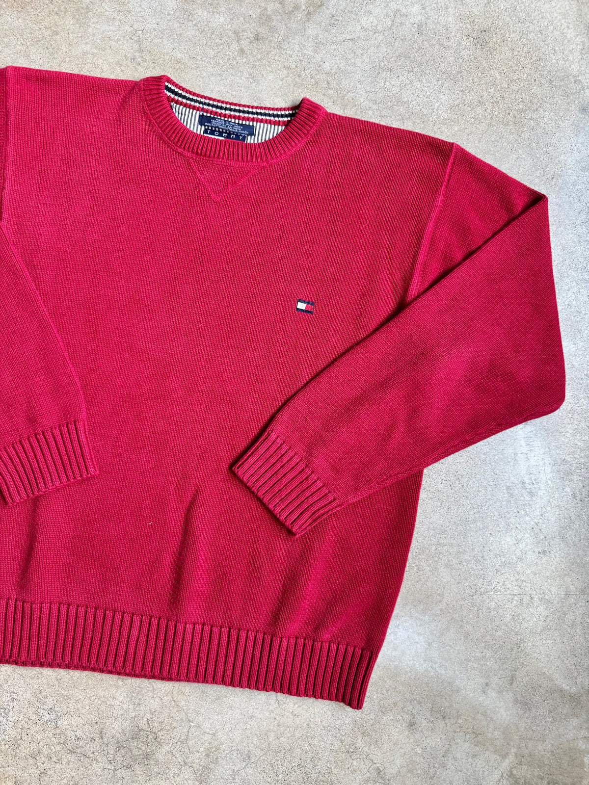 Vintage 1990s Tommy Hilfiger Red Cotton Crewneck Sweater | XL