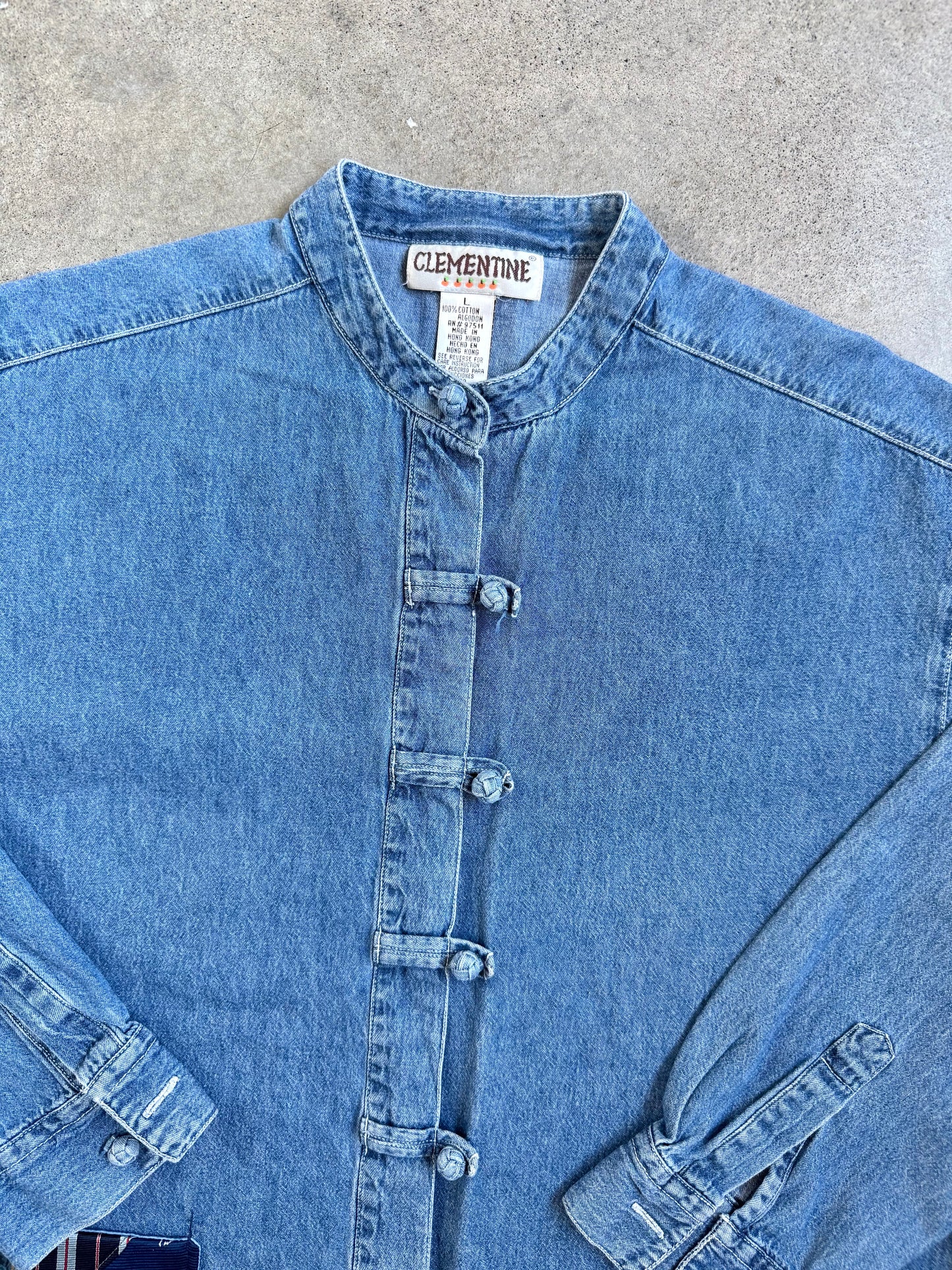 Vintage 1990s Clementine Tie Patchwork Pocket Denim Shirt | Large