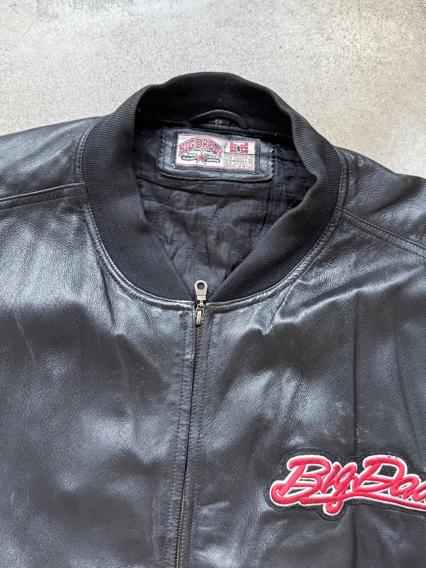 Vintage Big Daddy Embroidered Black Leather Bomber Jacket | 5XL