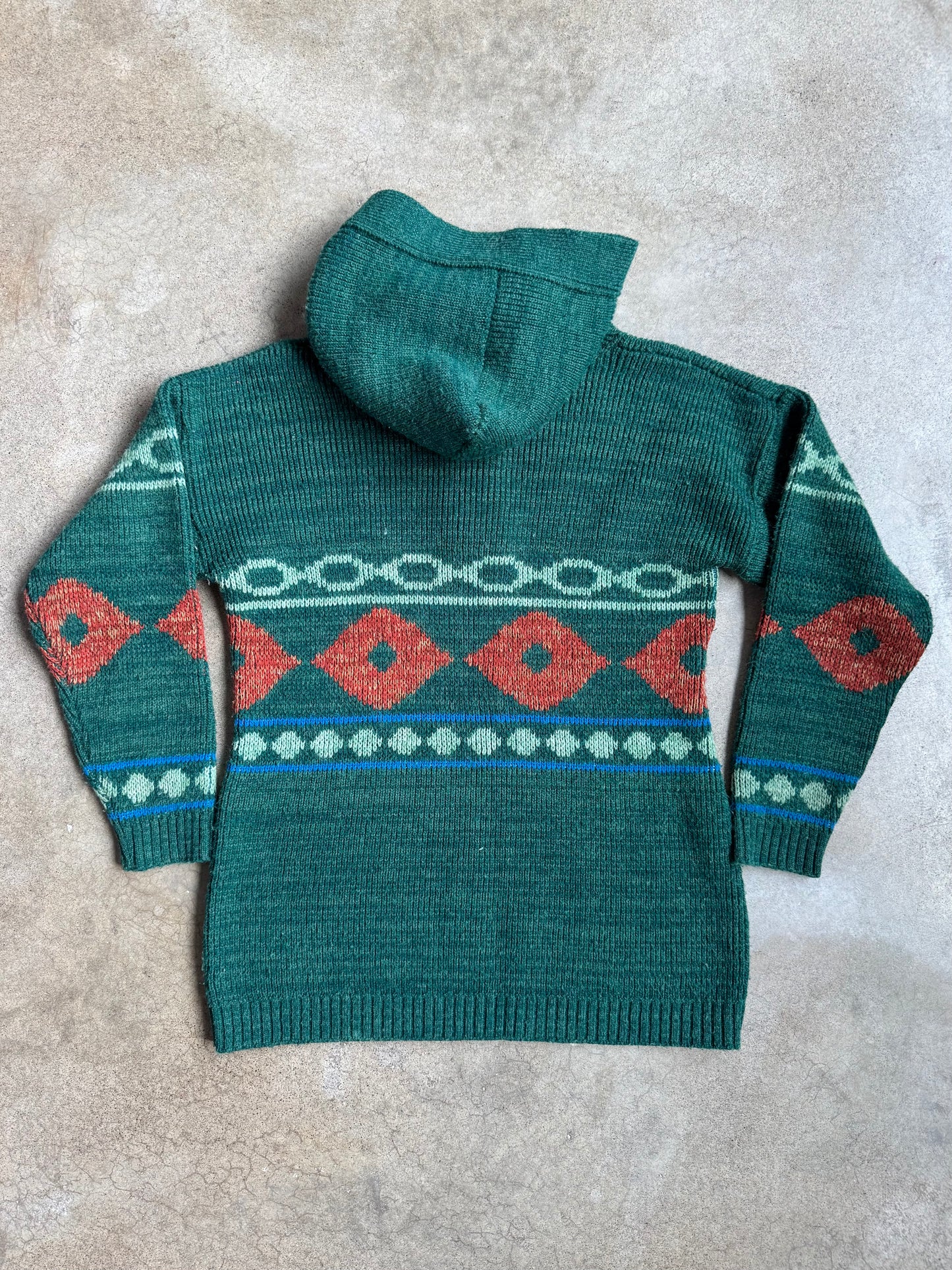 Vintage 1960s Sabra Wintuk Green Southwest Pattern Hooded Sweater | Small