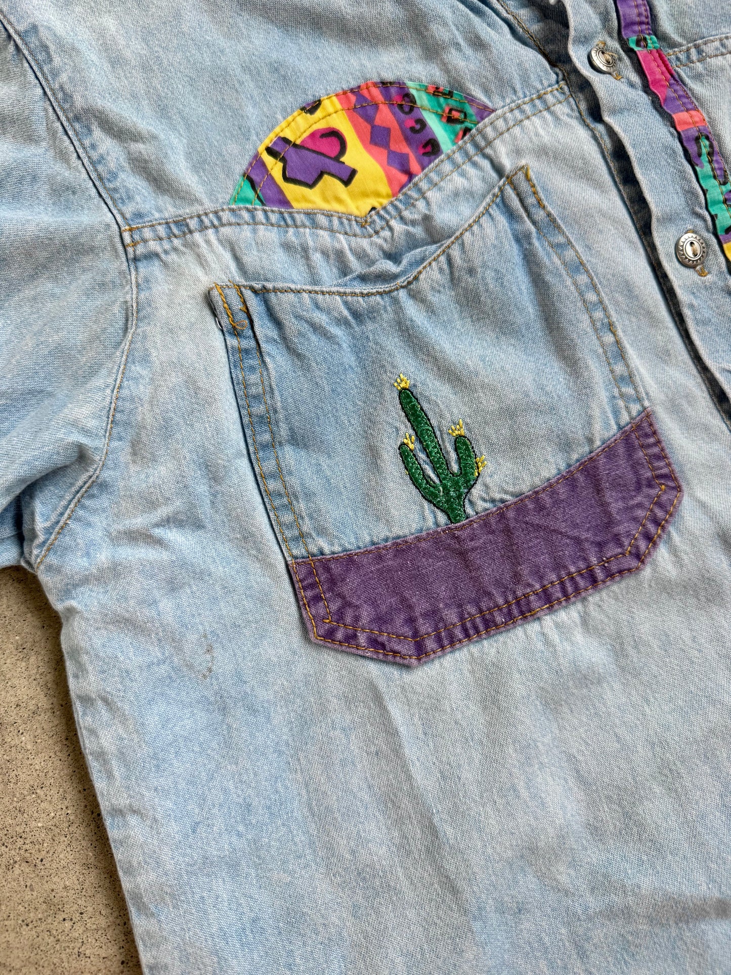 Vintage 1980s/90s Southwestern Cactus Embroidered Denim Shirt | Medium