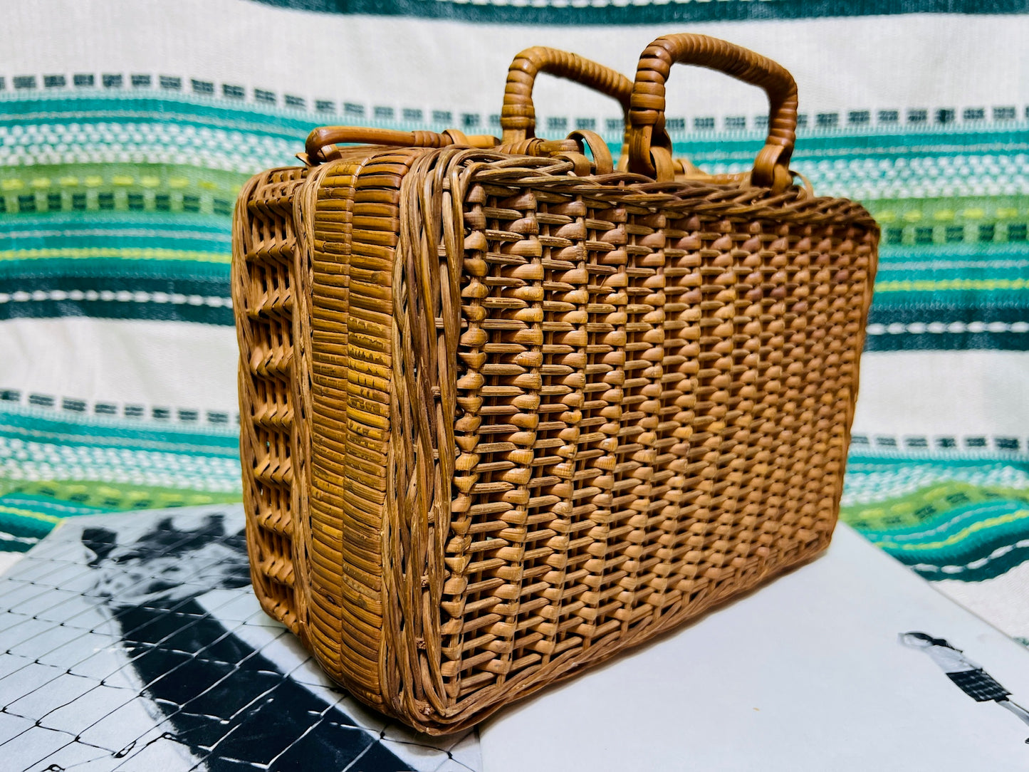 Vintage 1950s Wicker Picnic Basket Handbag