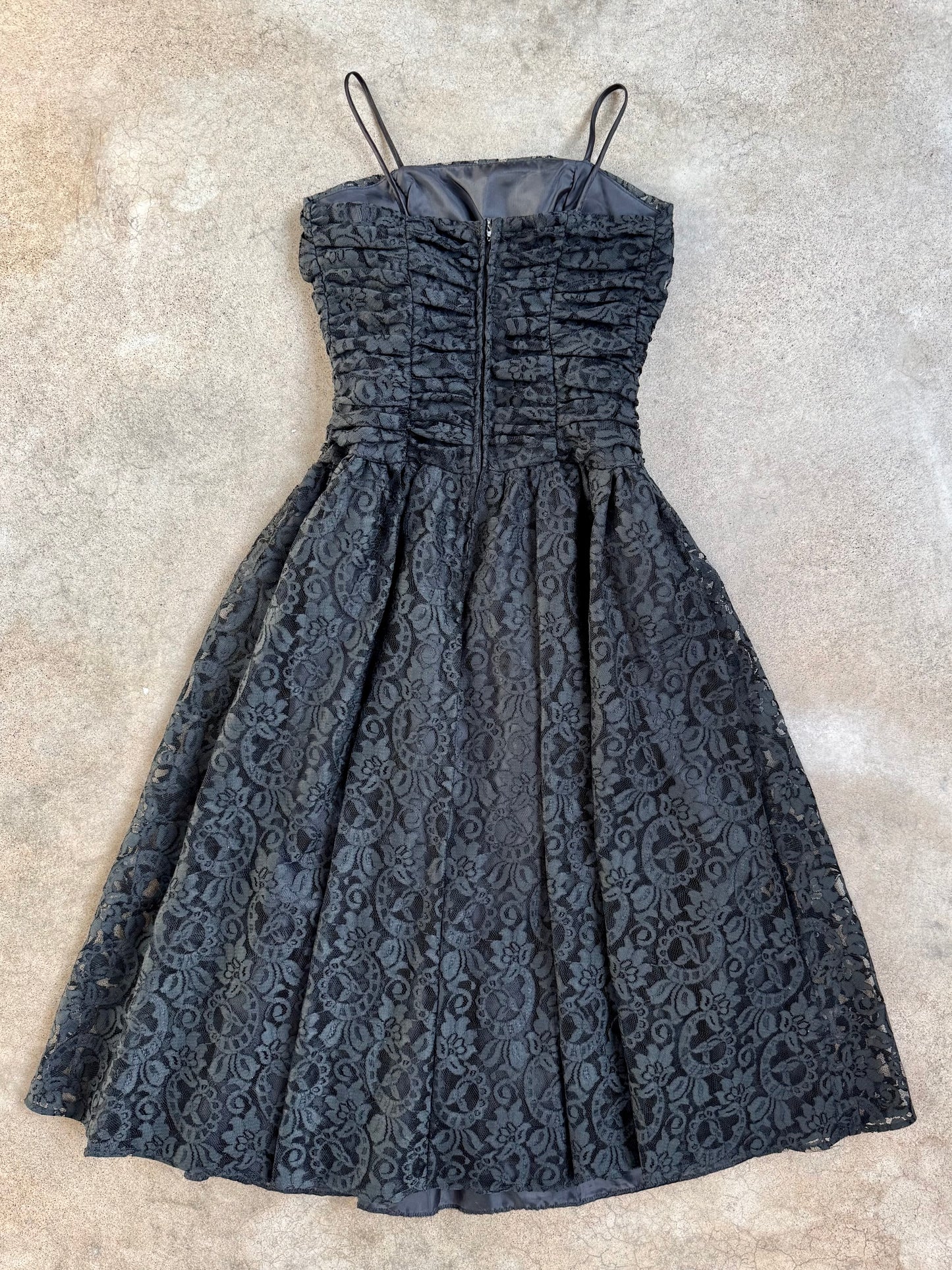 Vintage 1980s Black Floral Lace Tea-Length Formal Dress | XS