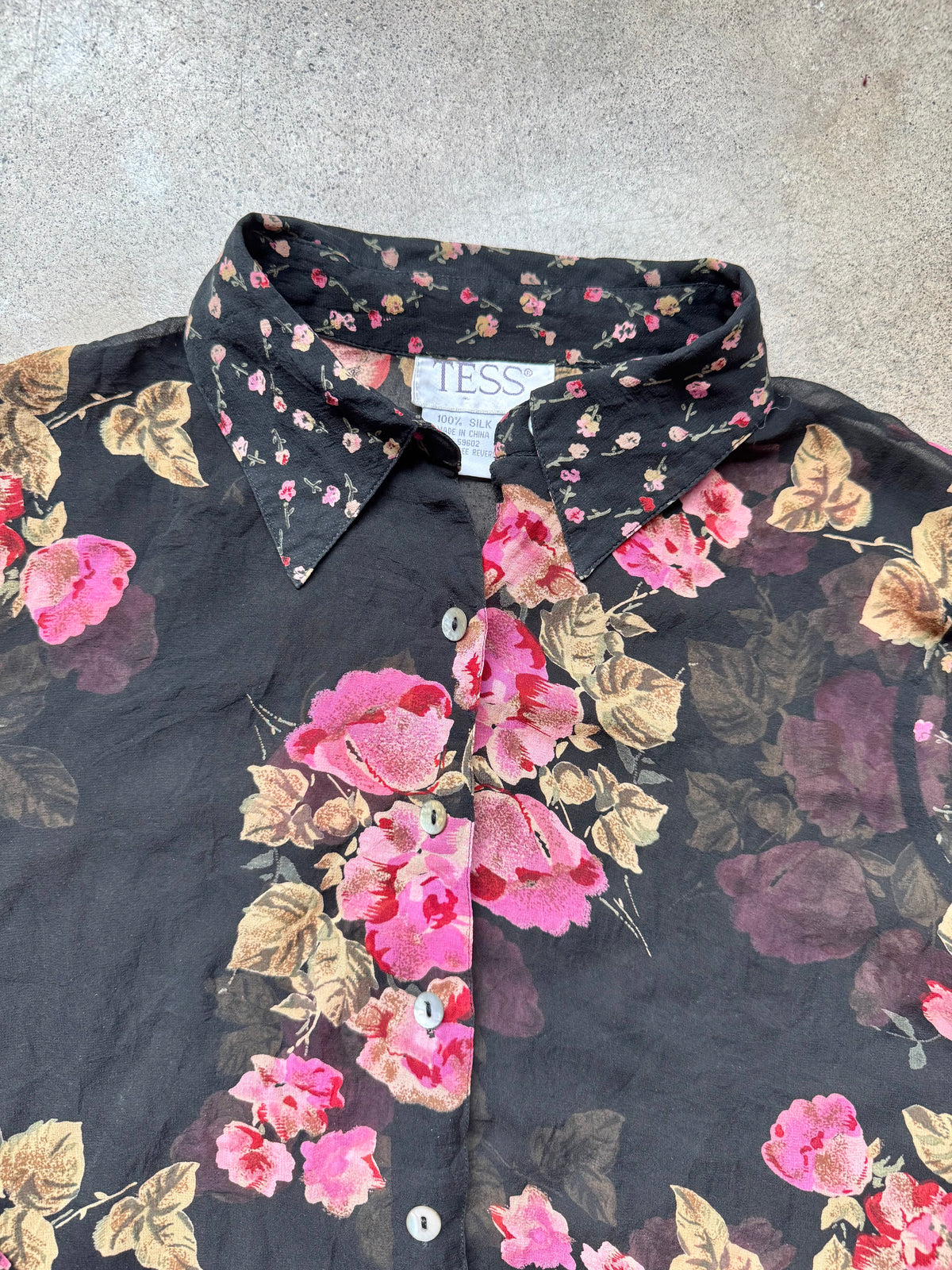 Vintage 1990s Tess Multi Floral Print 100% Silk Sheer Blouse | Large