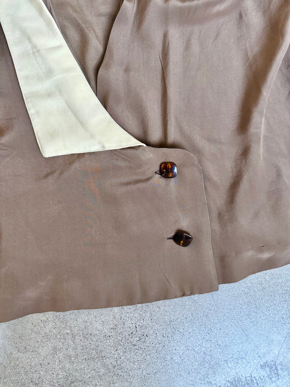 Vintage Handmade Brown & Cream Contrast Lapel Silk Blouse | Large