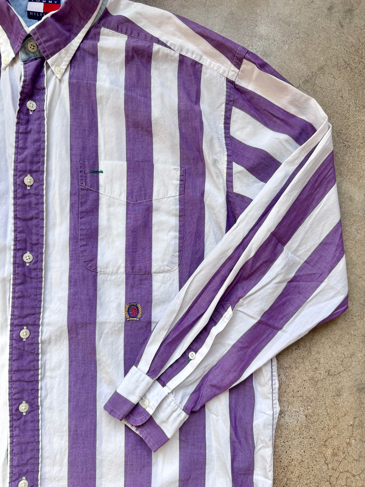 Vintage 1990s Tommy Hilfiger Purple Striped Button Down Shirt | Large