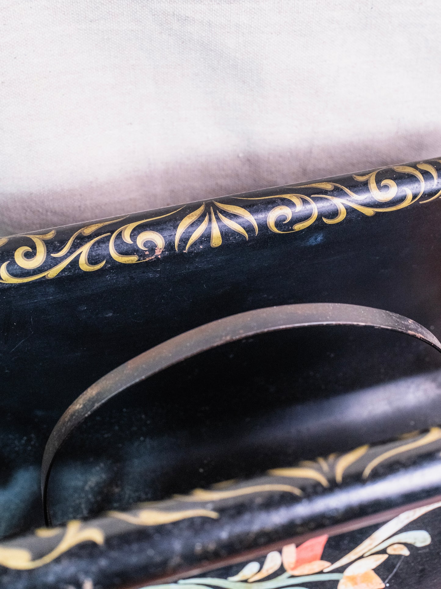 Vintage 1940s Black Metal Hand-Painted Tole-Style Magazine Holder