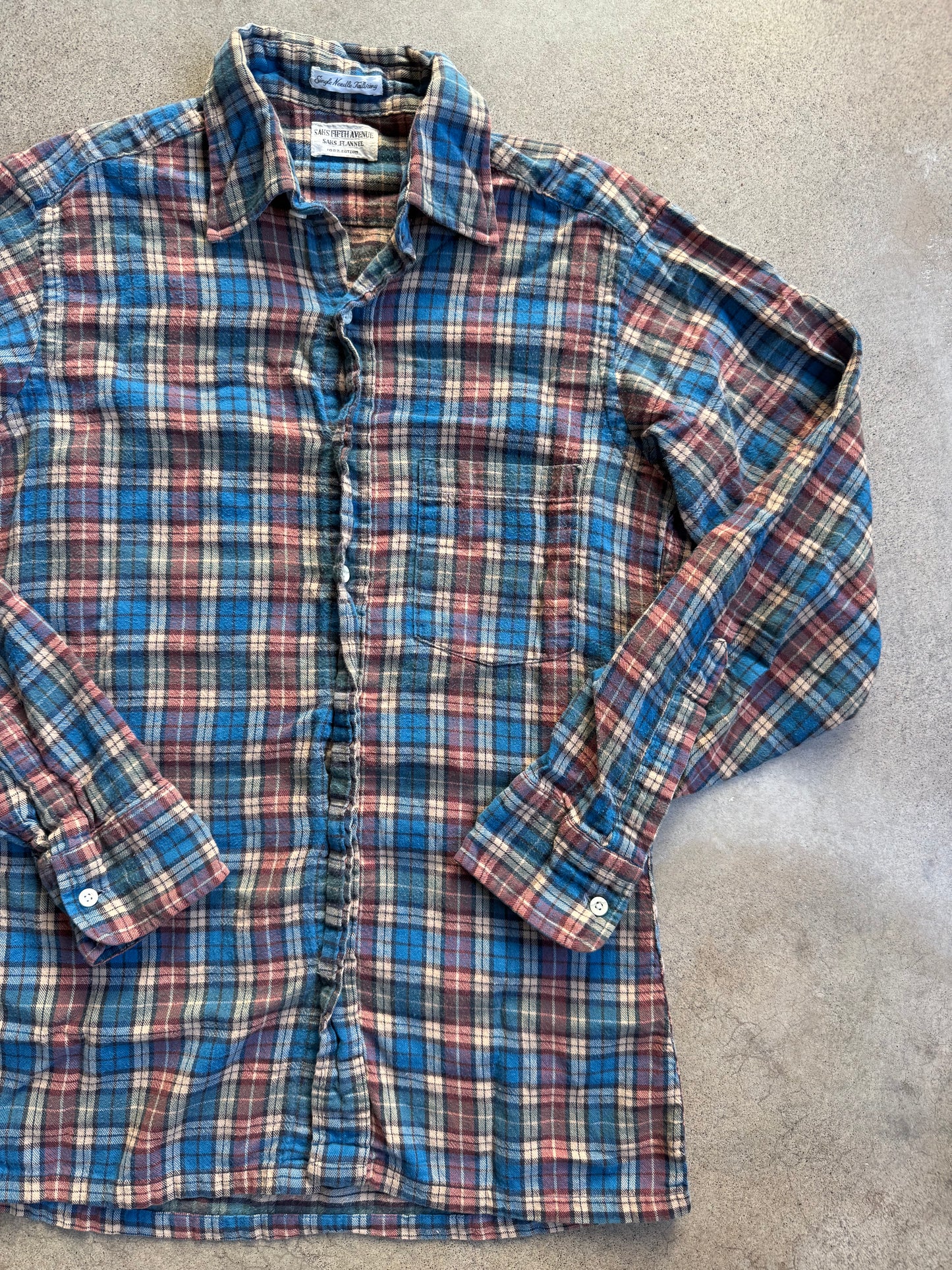 Vintage 1960s Saks Fifth Ave "Saks Flannel" Blue Plaid Cotton Flannel | Small