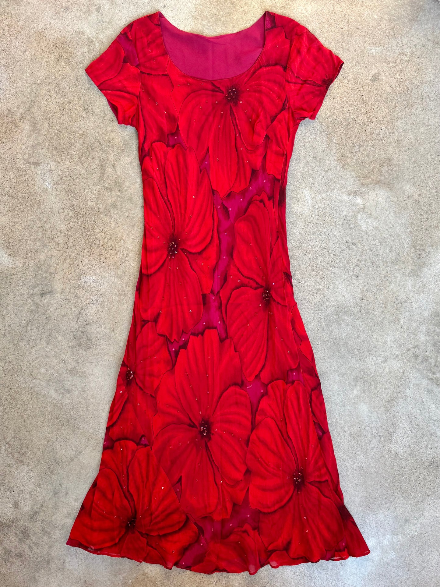 Vintage 1990s Red & Pink Floral Sequined Silk Short Sleeve Maxi Dress | Large
