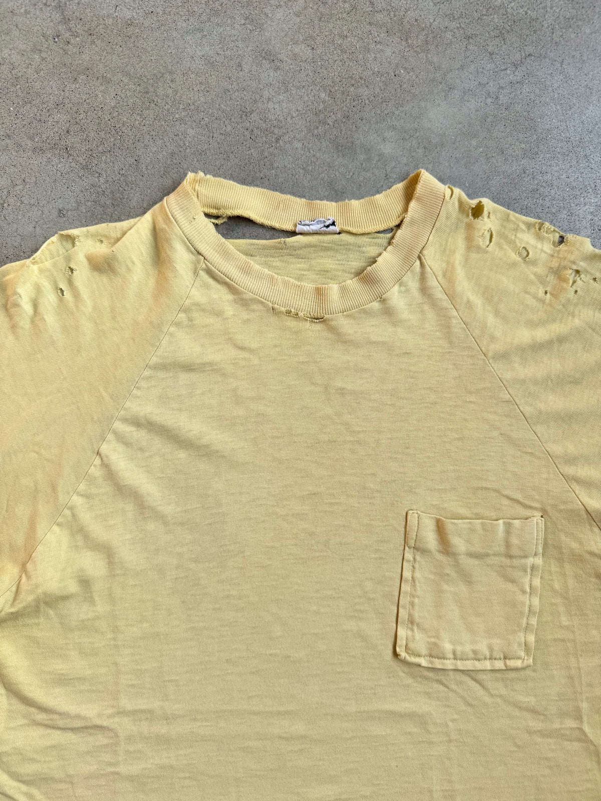 Vintage 1960s Monogram Collection Yellow Distressed Cotton Pocket Tee | Large