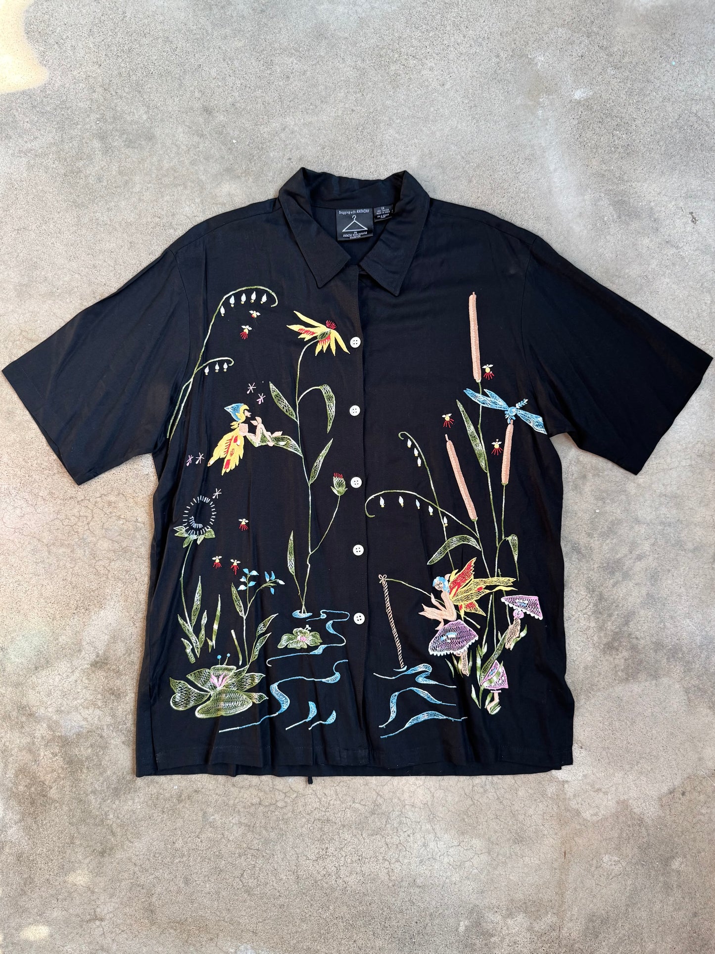Vintage 1980s Anthony Mark Hankins Black Fairy Embroidered Shirt | 1X