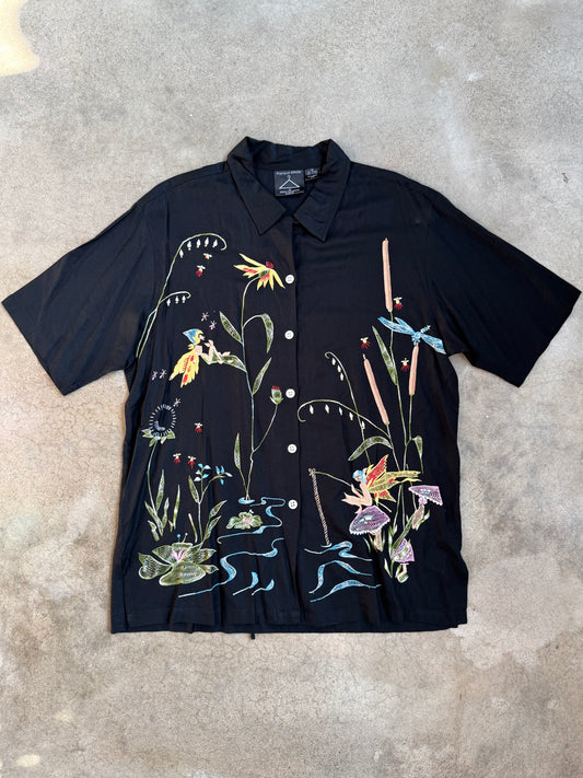 Vintage 1980s Anthony Mark Hankins Black Fairy Embroidered Shirt | 1X