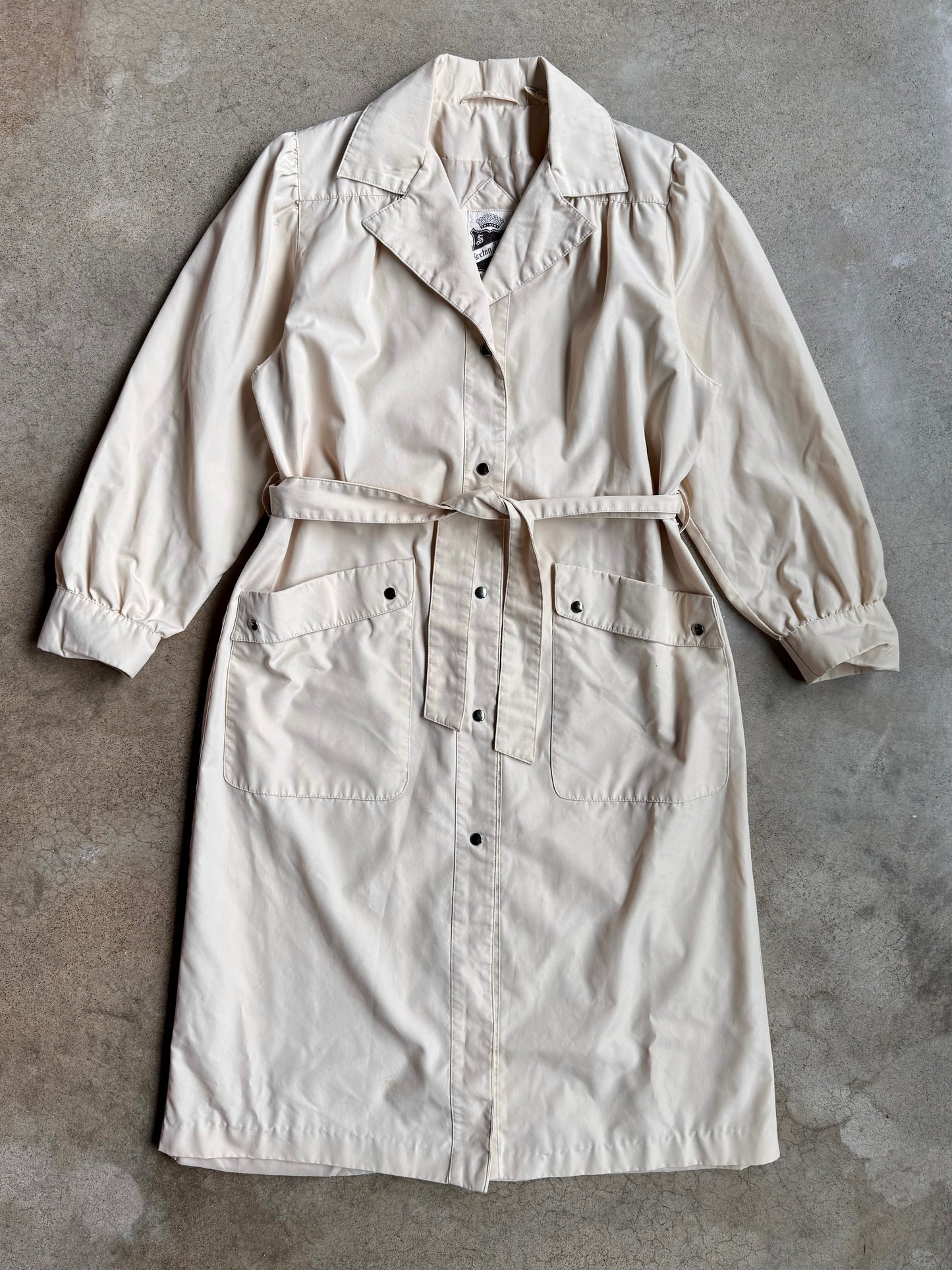 Vintage 1970s Saxton Hall Cream Belted Trench Coat | Medium