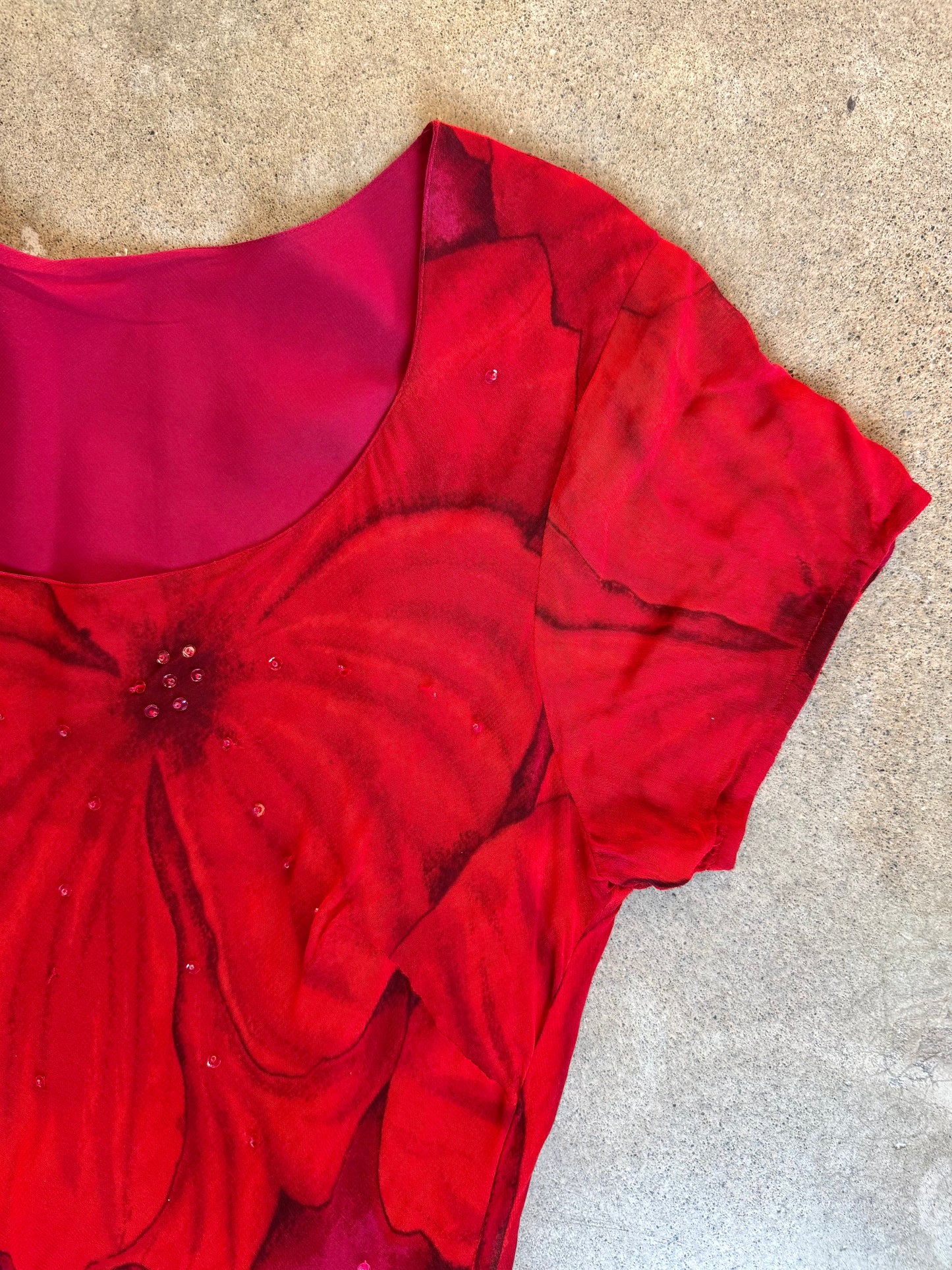 Vintage 1990s Red & Pink Floral Sequined Silk Short Sleeve Maxi Dress | Large