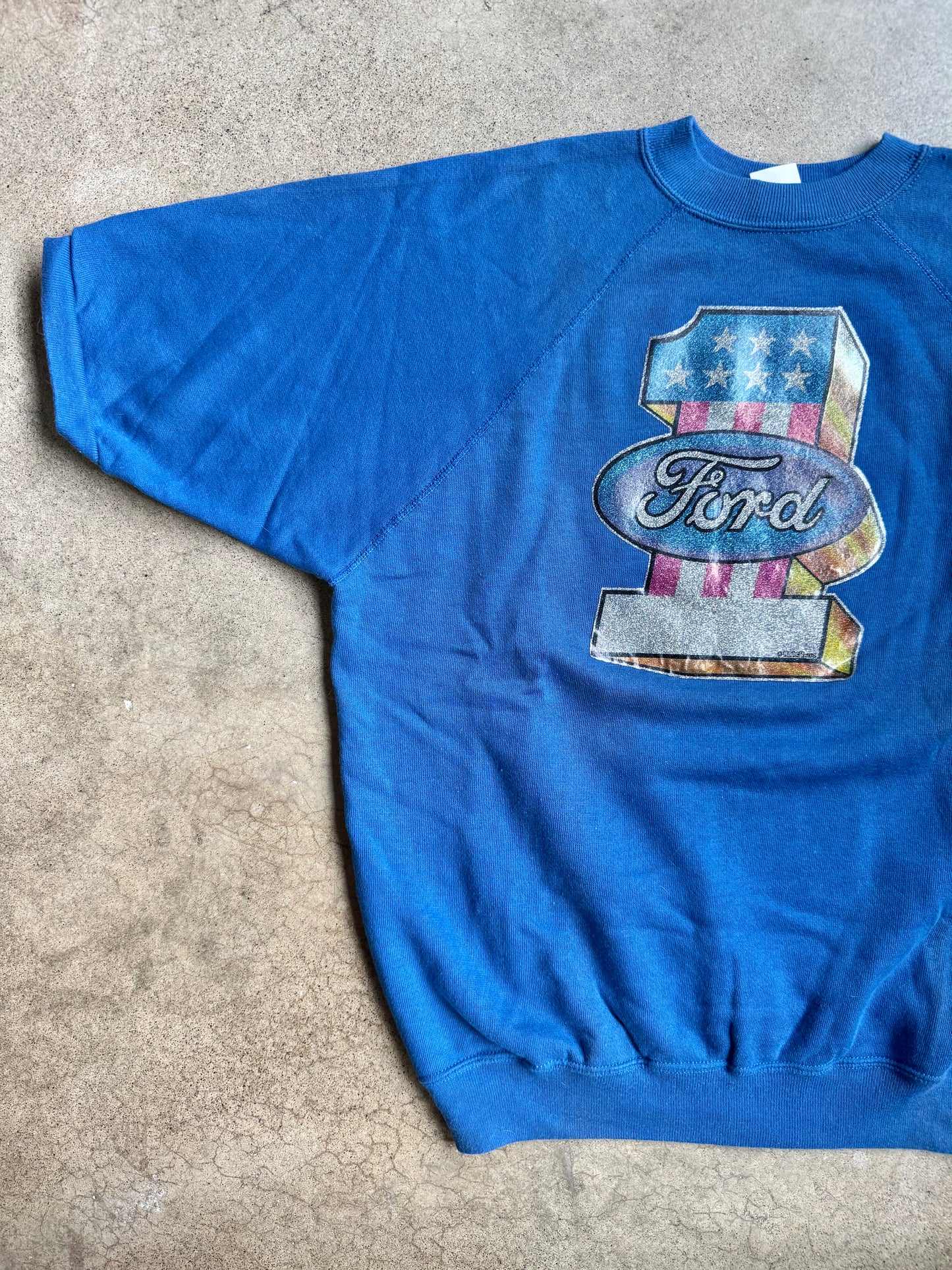 Vintage 1978 Ford Glitter Graphic Blue Short Sleeve Sweatshirt | XL
