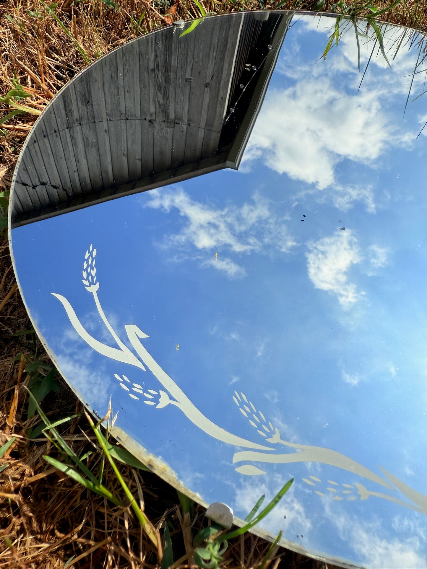 Vintage 1940s Round Floral Printed Mirror