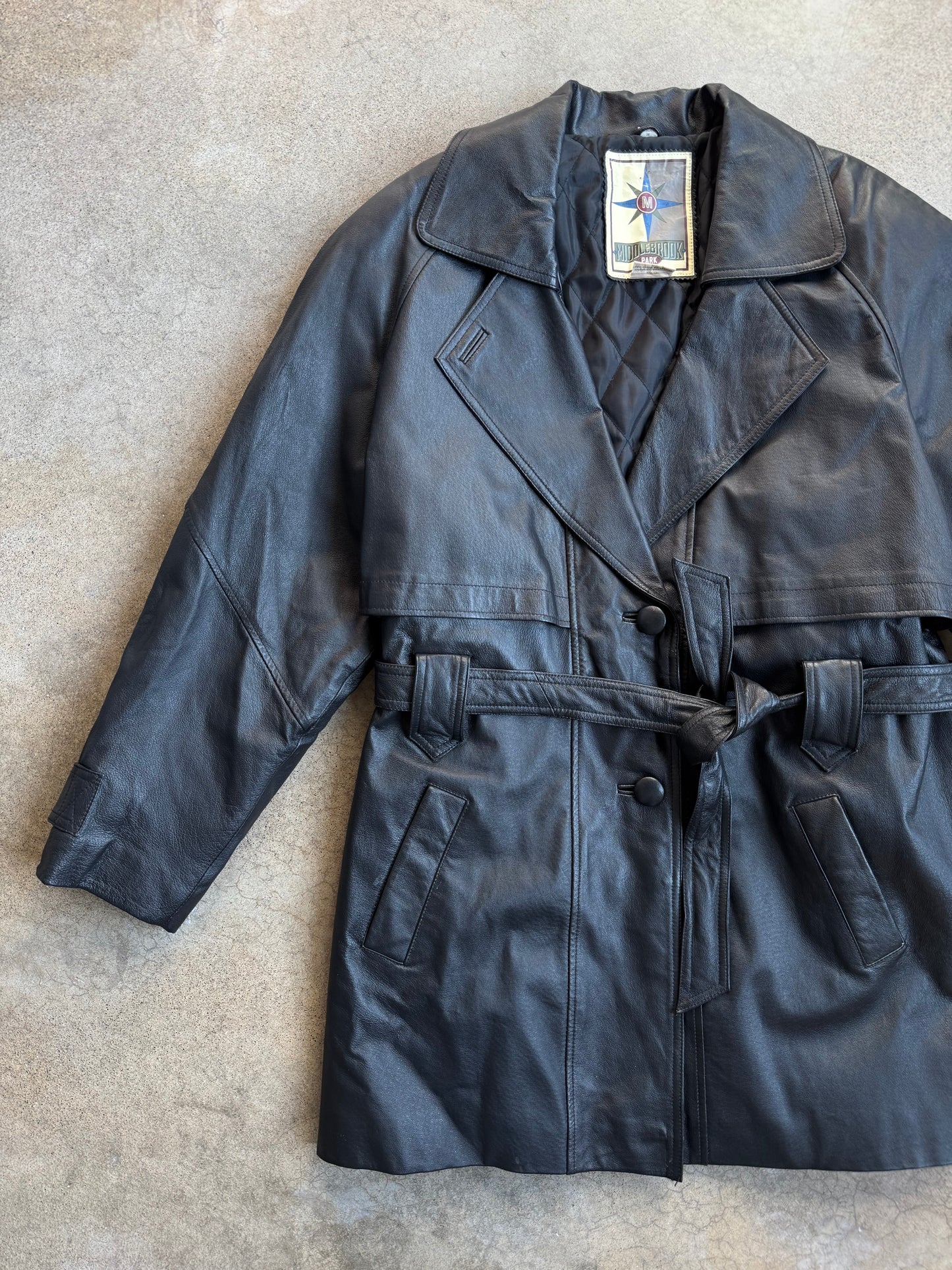 Vintage 1980s Middlebrook Park Black Leather Belted Coat | Large
