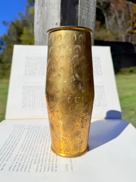 Vintage 1950s Solid Brass Etched Floral Vase