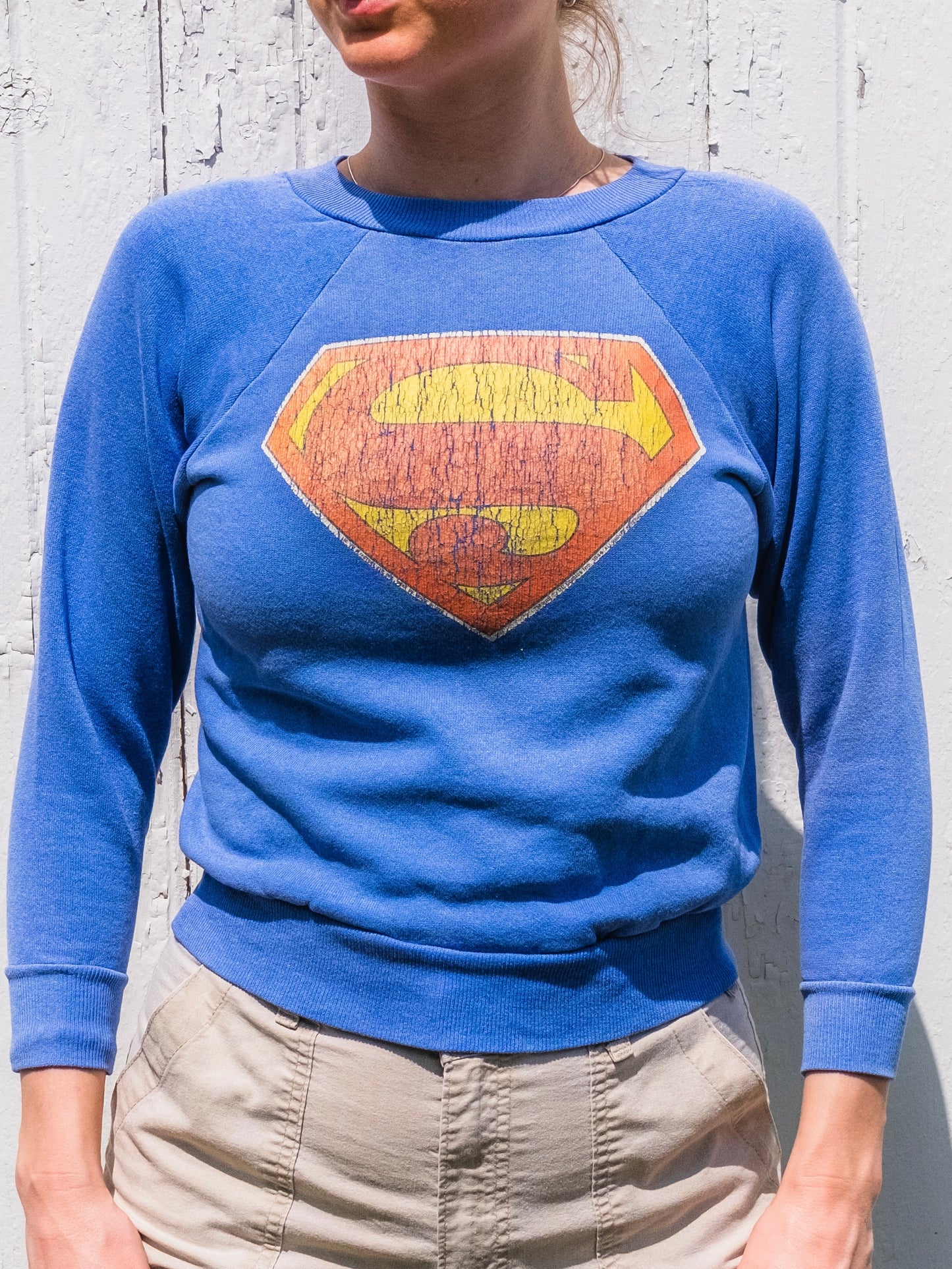 Vintage 1980s Blue Superman Graphic Raglan Sweatshirt | Youth L