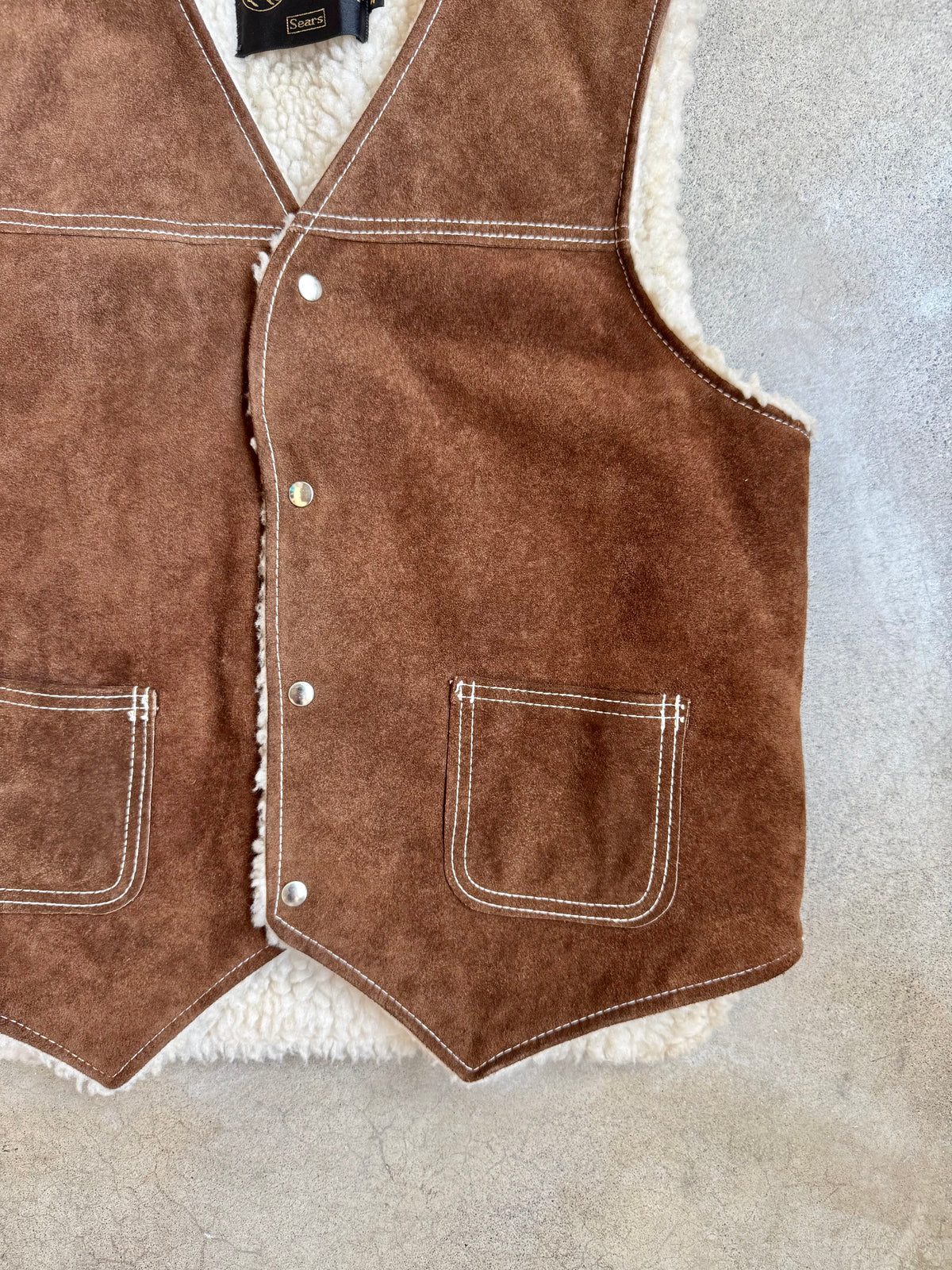 Vintage 1970s Sears “The Leather Shop” Brown Suede Sherpa Lined Vest | Medium