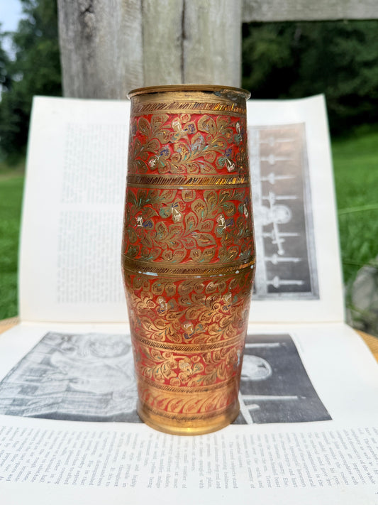 Vintage 1950s Solid Brass Floral Etched Vase